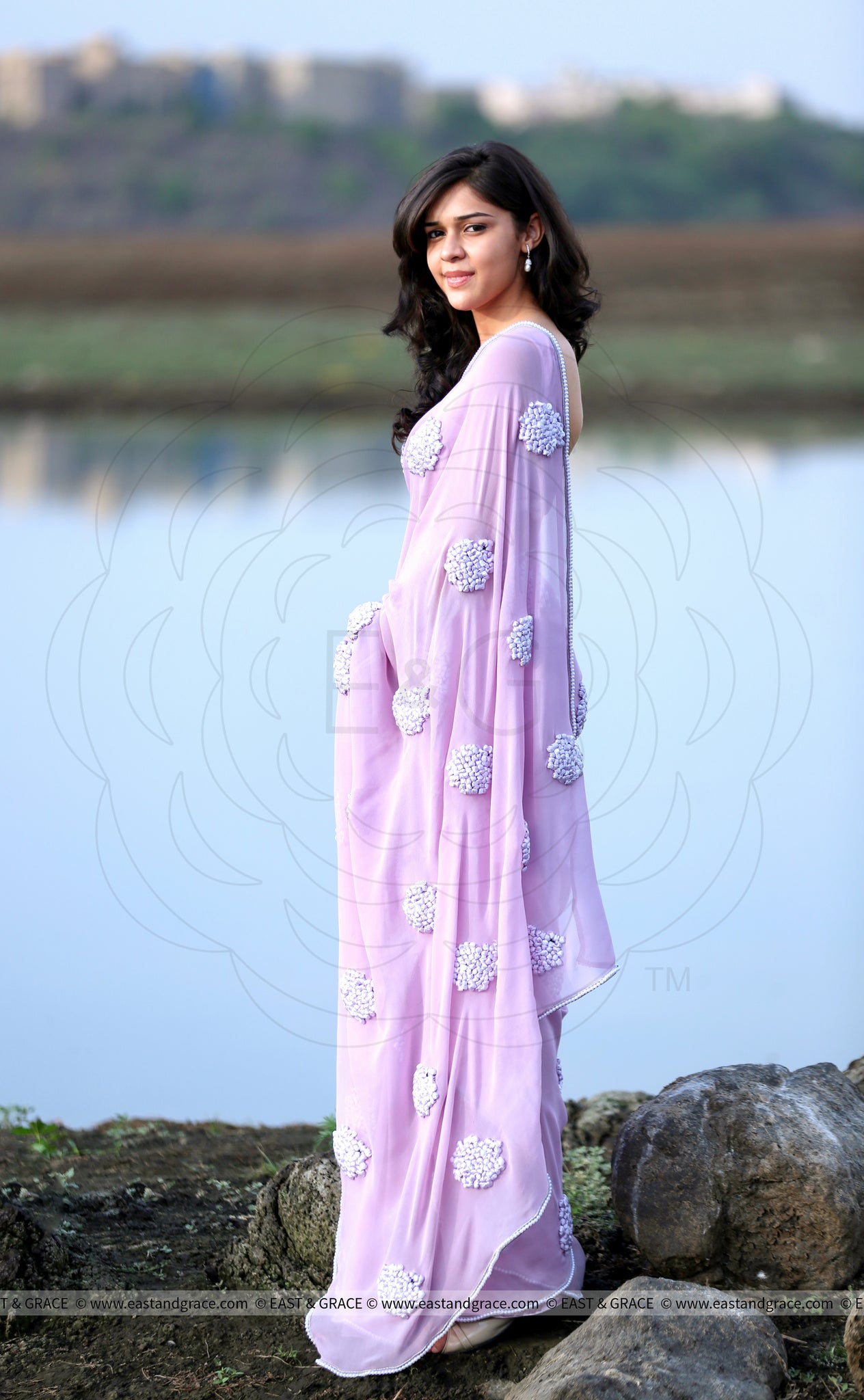 Lilac Pure Silk Georgette Ribbon-Work Saree