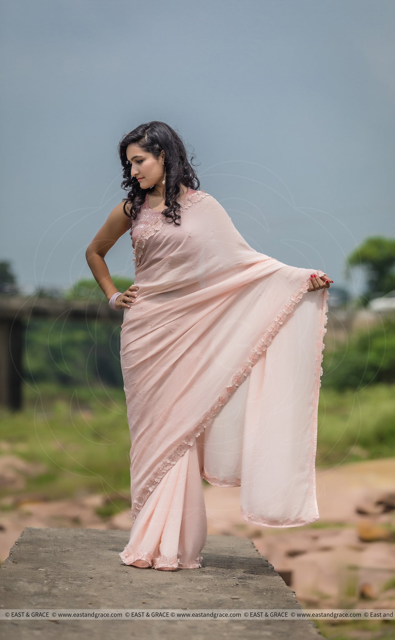 Rose Dust Pure Silk-Chiffon Saree with Raw-Silk Cutdana Embroidered Blouse