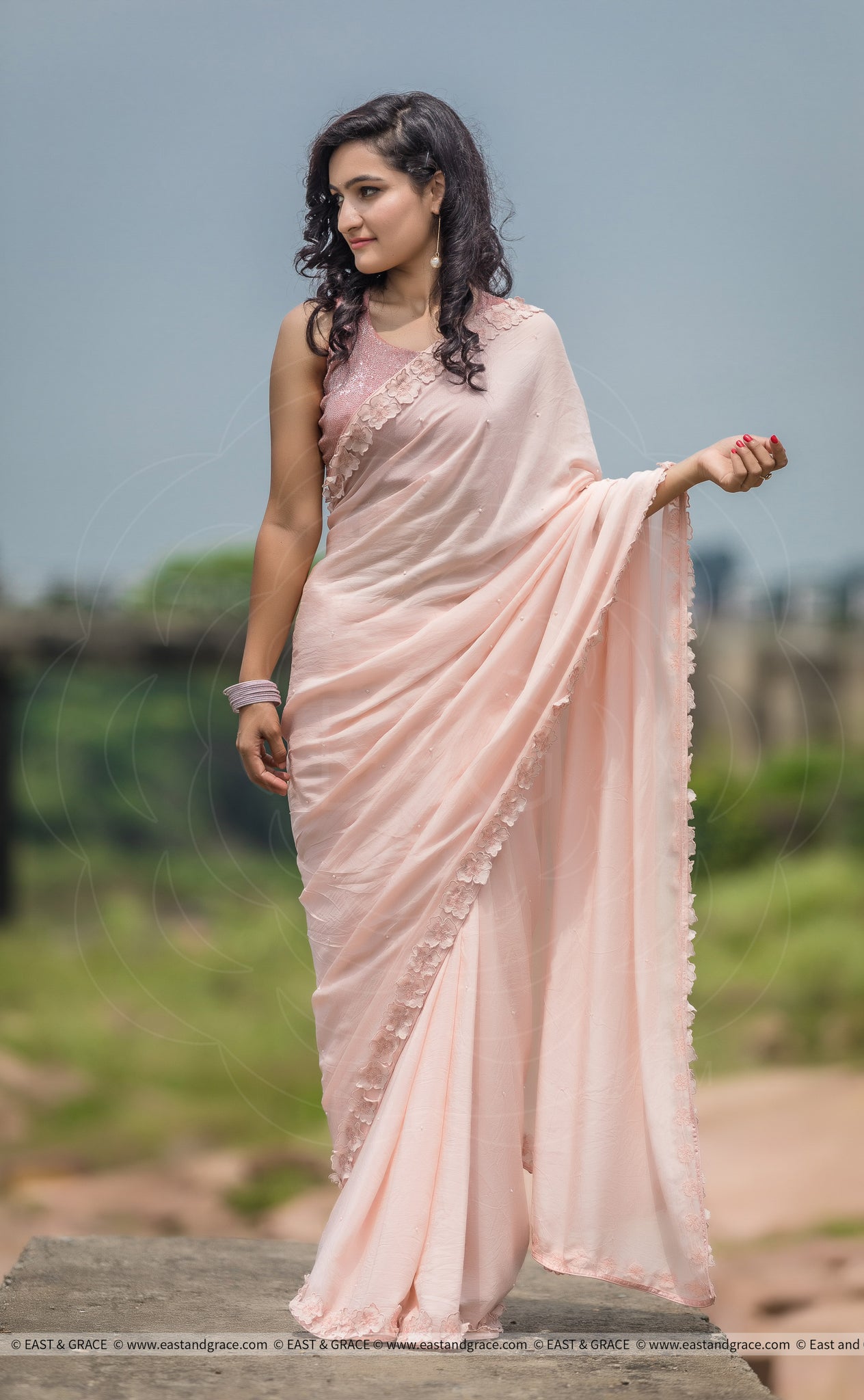 Rose Dust Pure Silk-Chiffon Saree with Raw-Silk Cutdana Embroidered Blouse