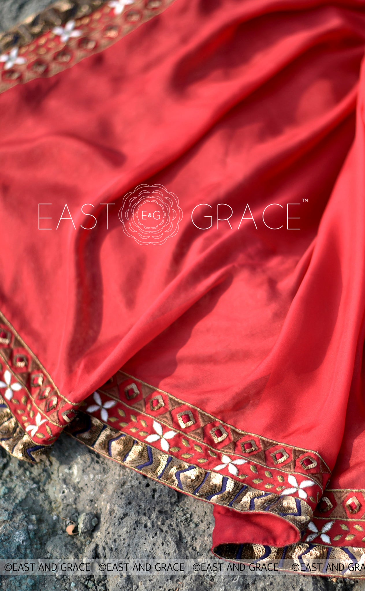 Red Ruby pure silk chiffon fabric hand embroidered saree