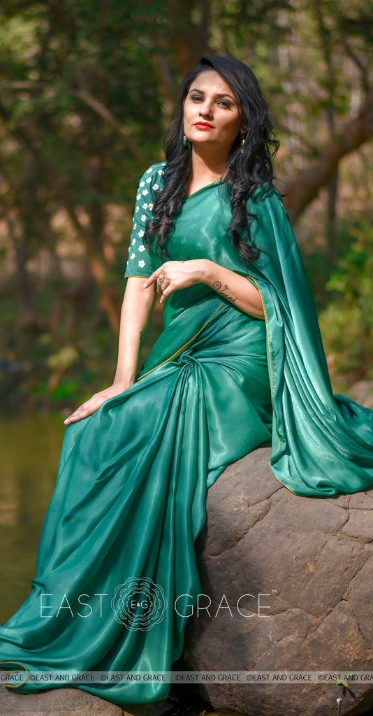 Sweet Pear Celadon Green Pure Satin Georgette Saree