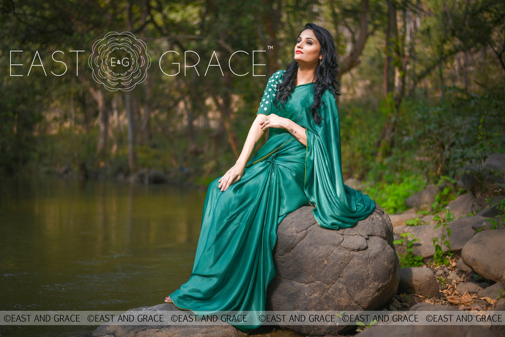 Sweet Pear Celadon Green Pure Satin Georgette Saree