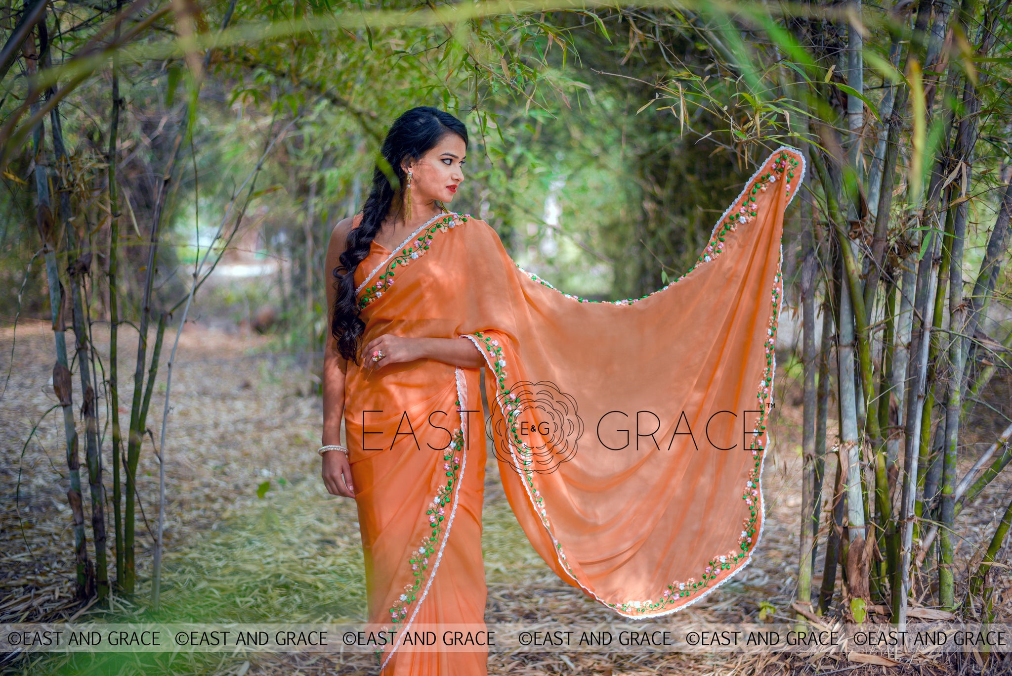 Tangerine Garden Silk Chiffon Ribbonwork Saree