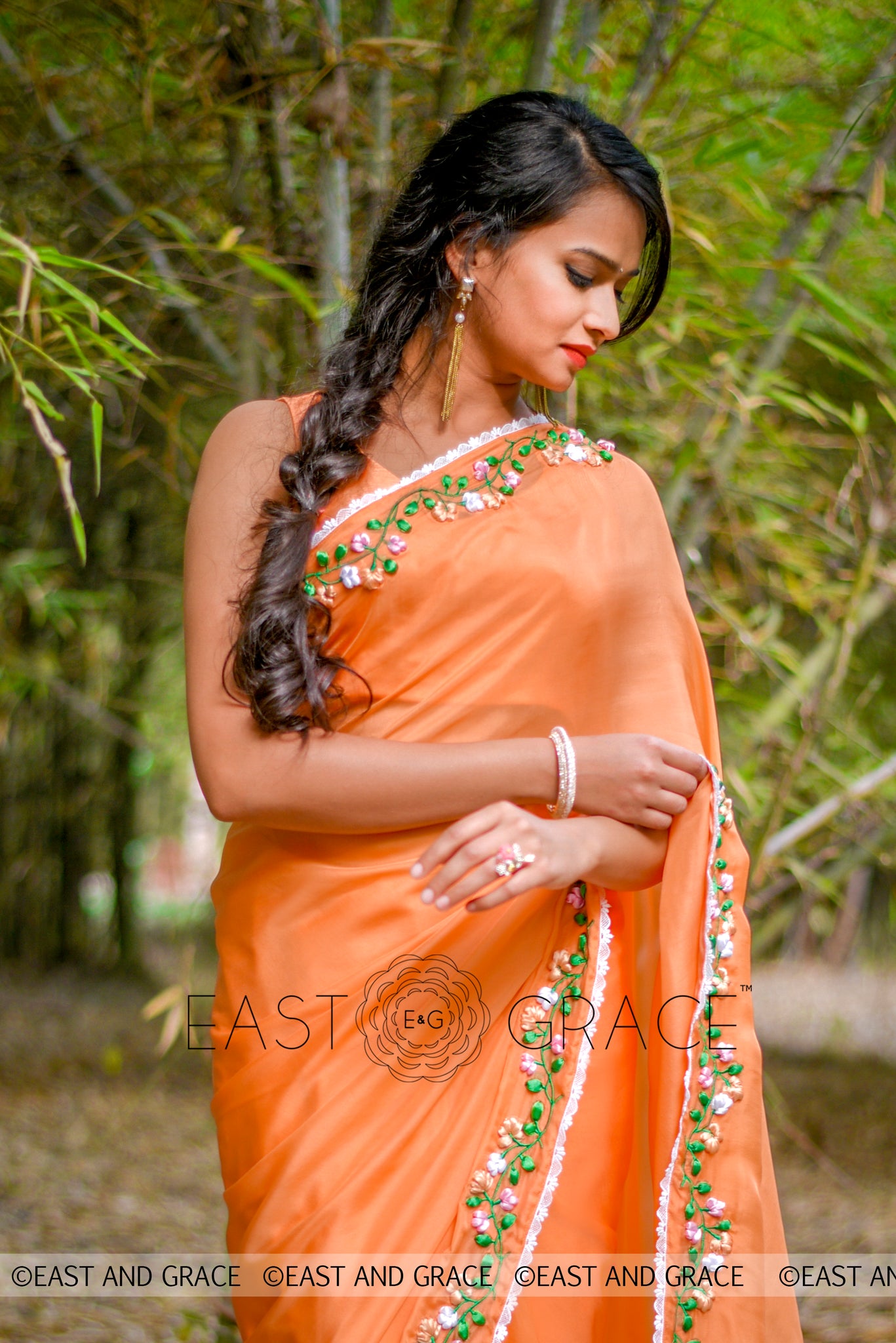 Tangerine Garden Silk Chiffon Ribbonwork Saree