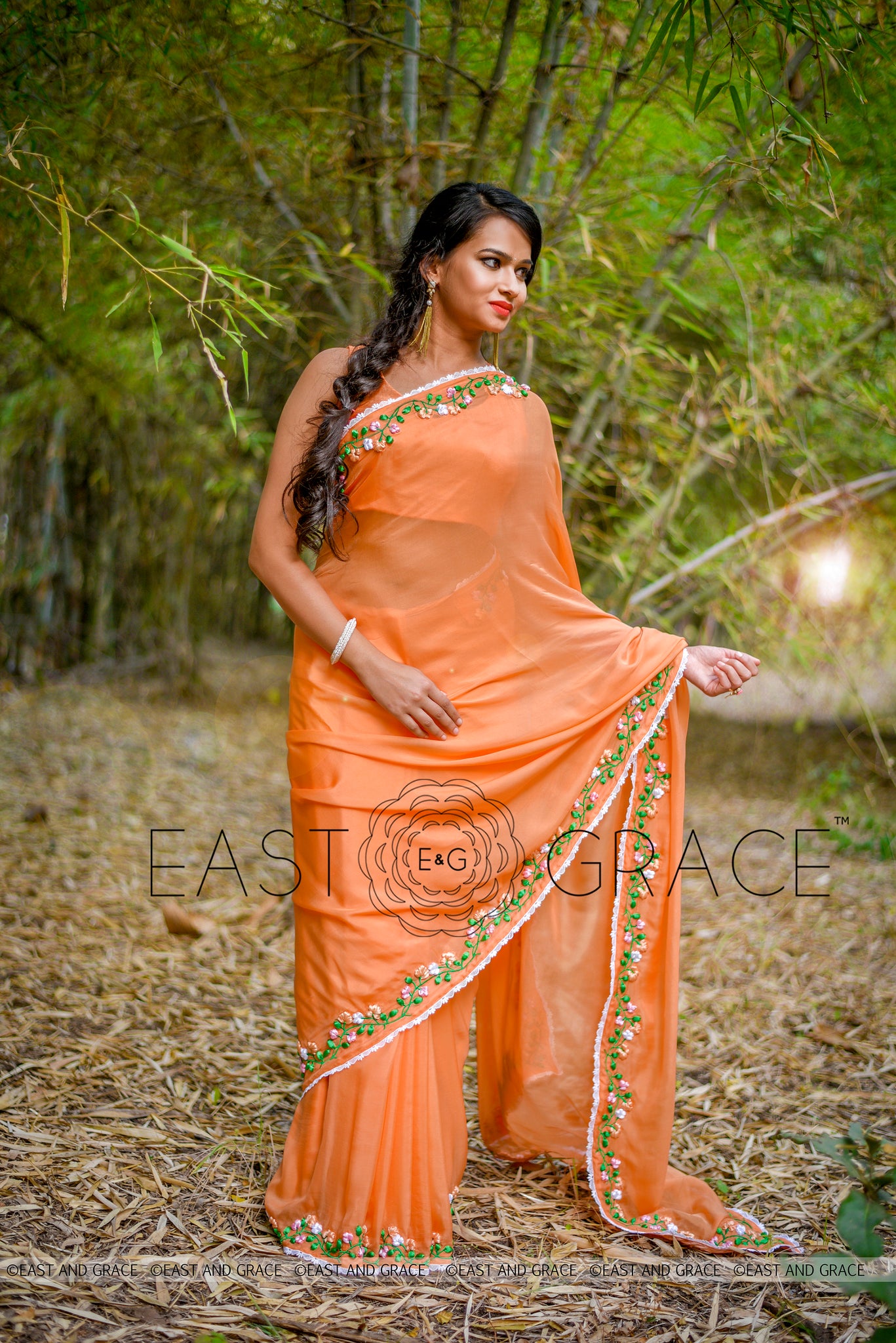 Tangerine Garden Silk Chiffon Ribbonwork Saree