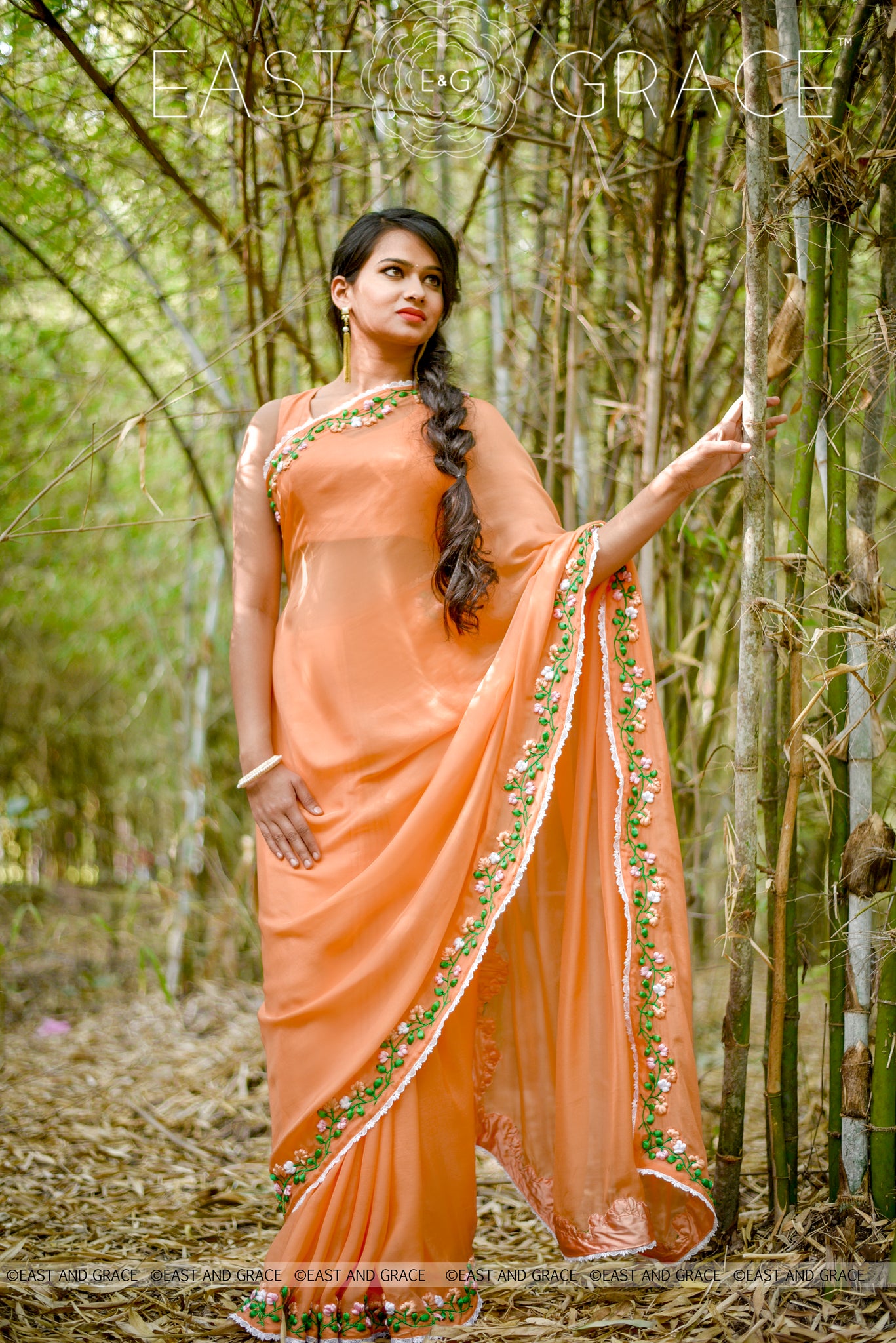 Tangerine Garden Silk Chiffon Ribbonwork Saree