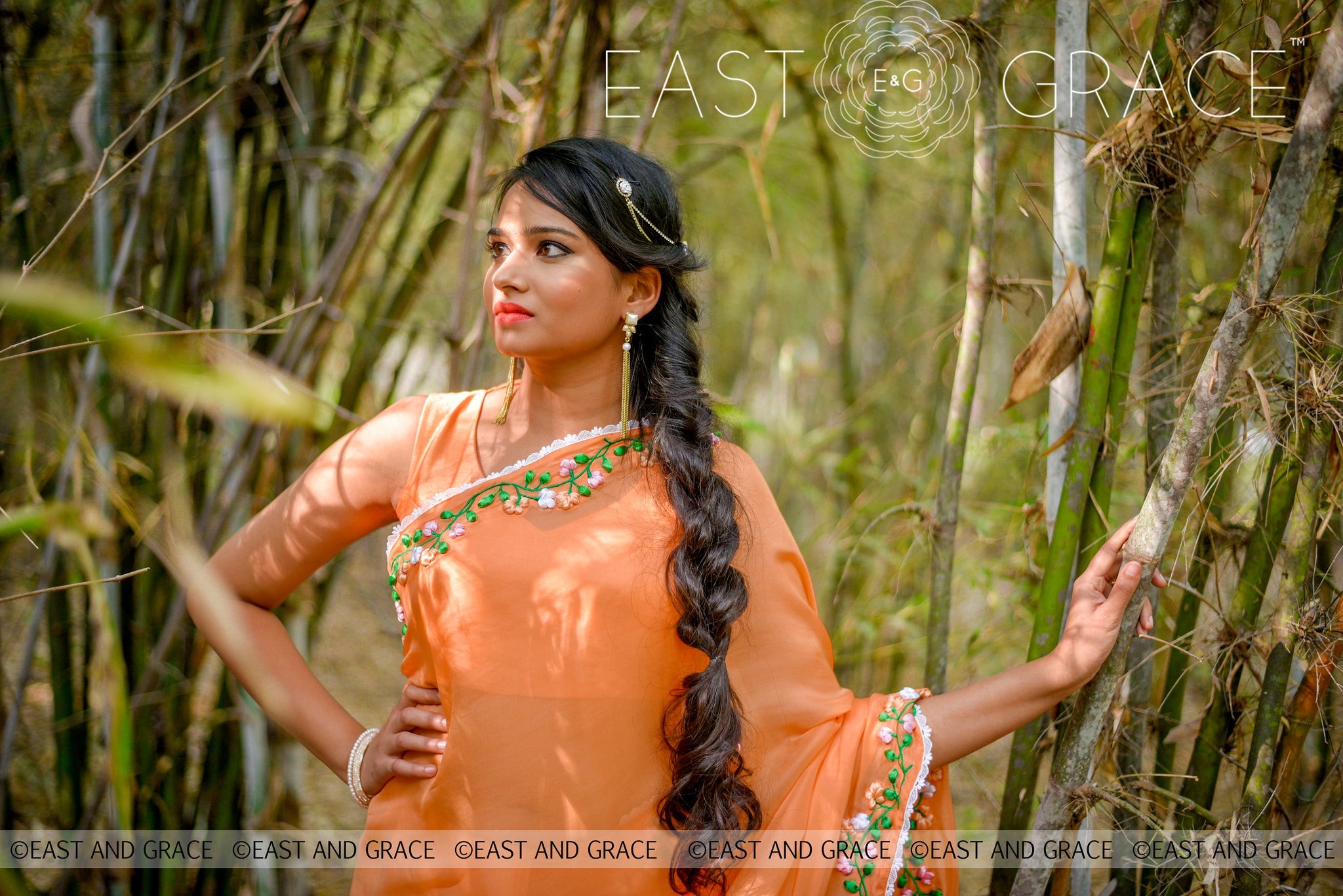 Tangerine Garden Silk Chiffon Ribbonwork Saree