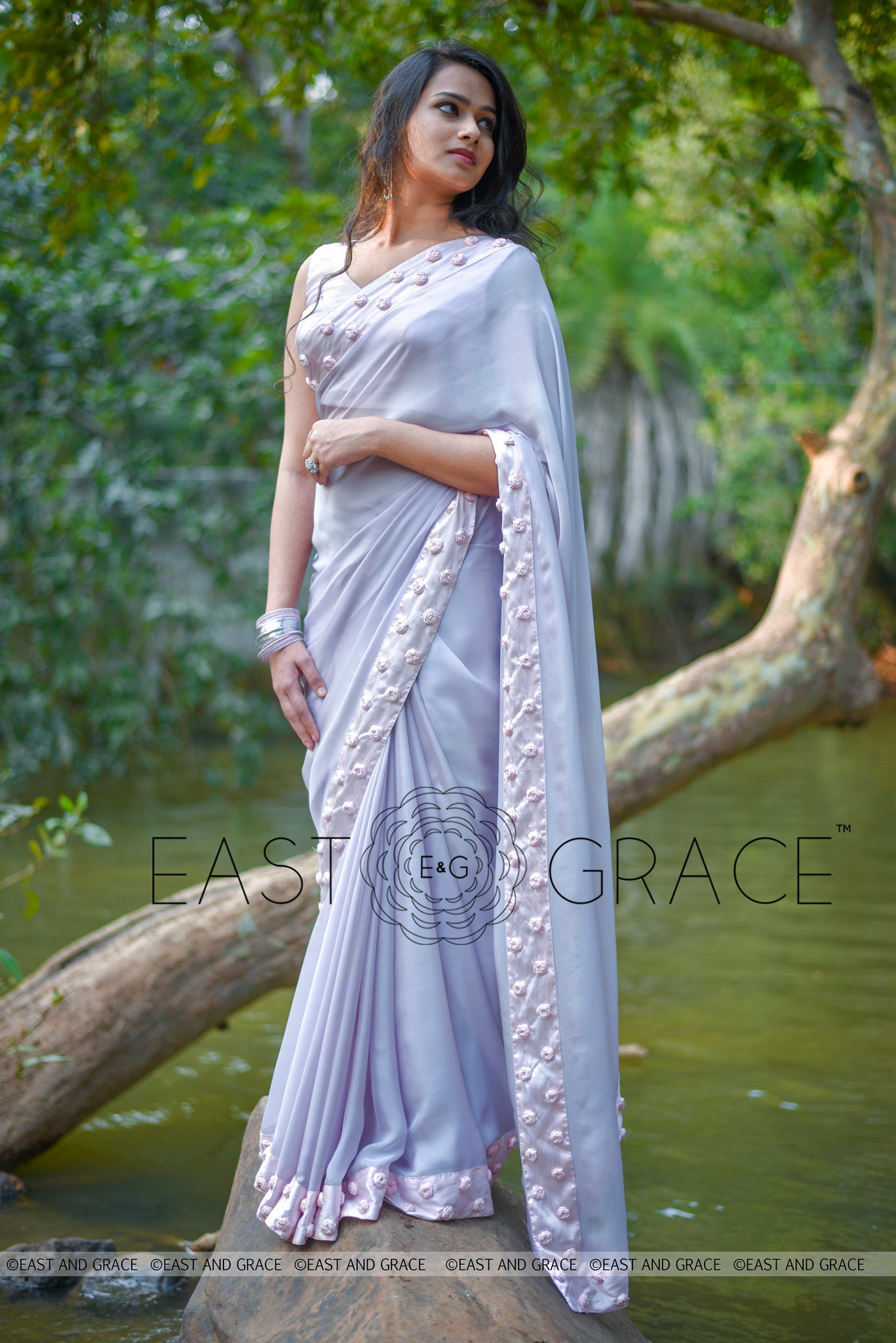 Winterland Grey Silk Chiffon Ribbonwork Roses Saree