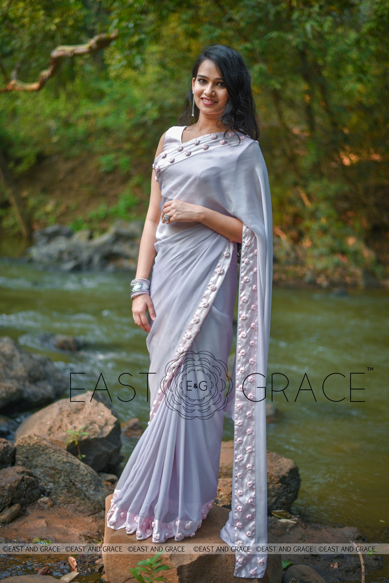 Winterland Grey Silk Chiffon Ribbonwork Roses Saree