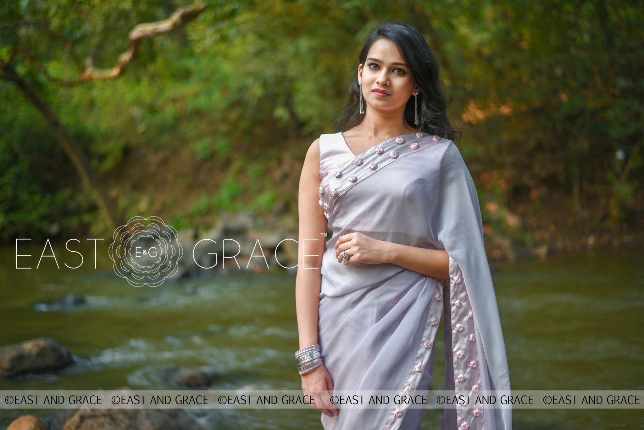 Winterland Grey Silk Chiffon Ribbonwork Roses Saree