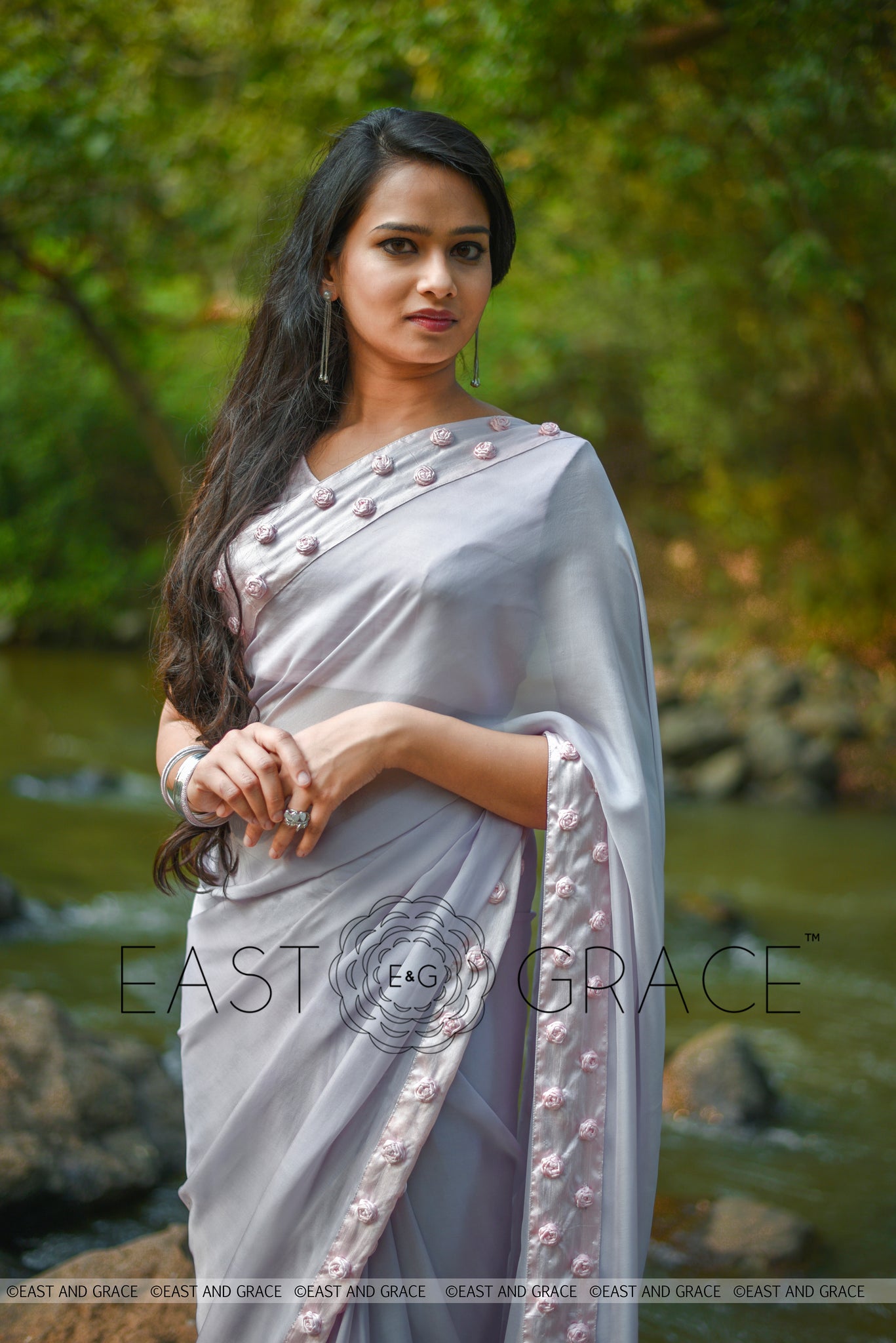 Winterland Grey Silk Chiffon Ribbonwork Roses Saree