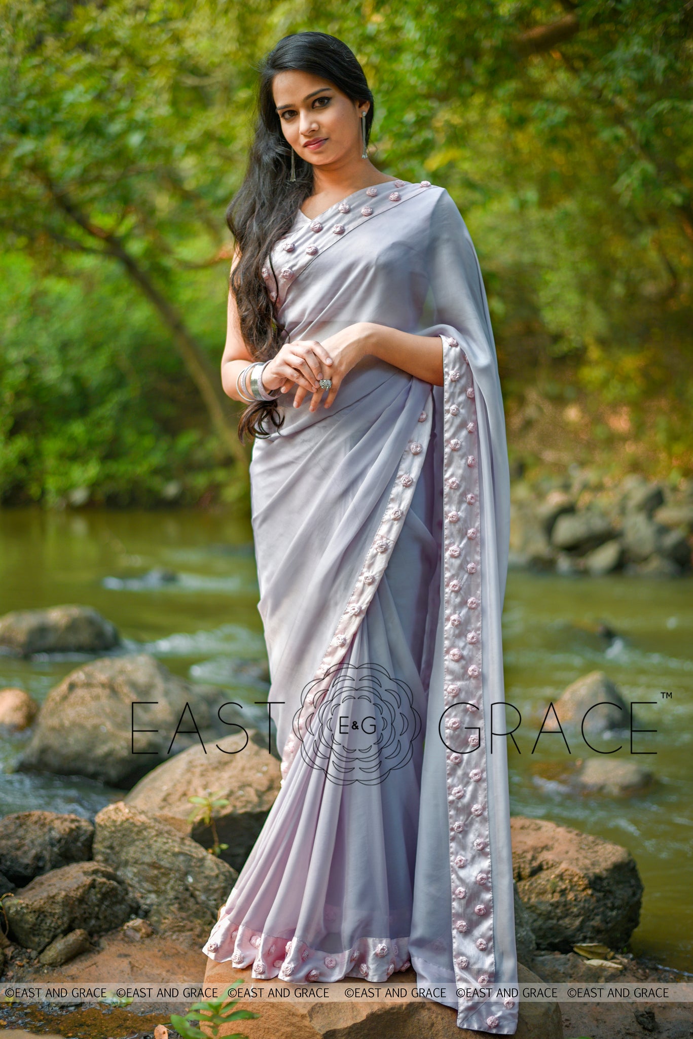 Winterland Grey Silk Chiffon Ribbonwork Roses Saree