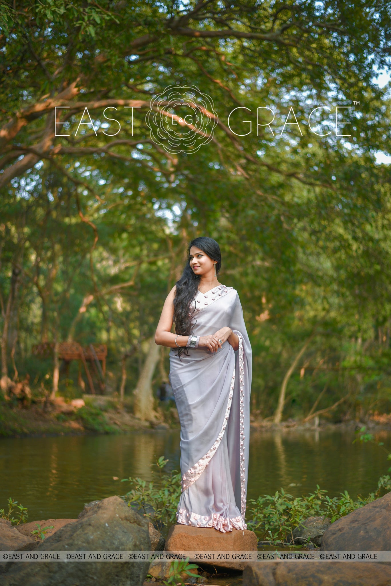 Winterland Grey Silk Chiffon Ribbonwork Roses Saree