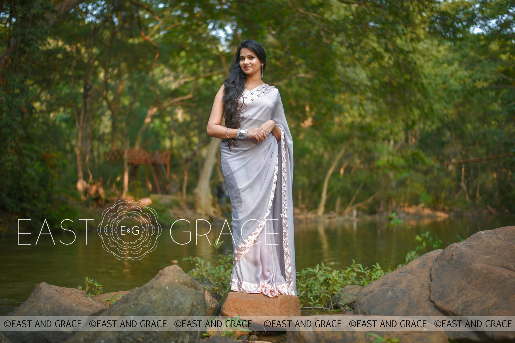 Winterland Grey Silk Chiffon Ribbonwork Roses Saree