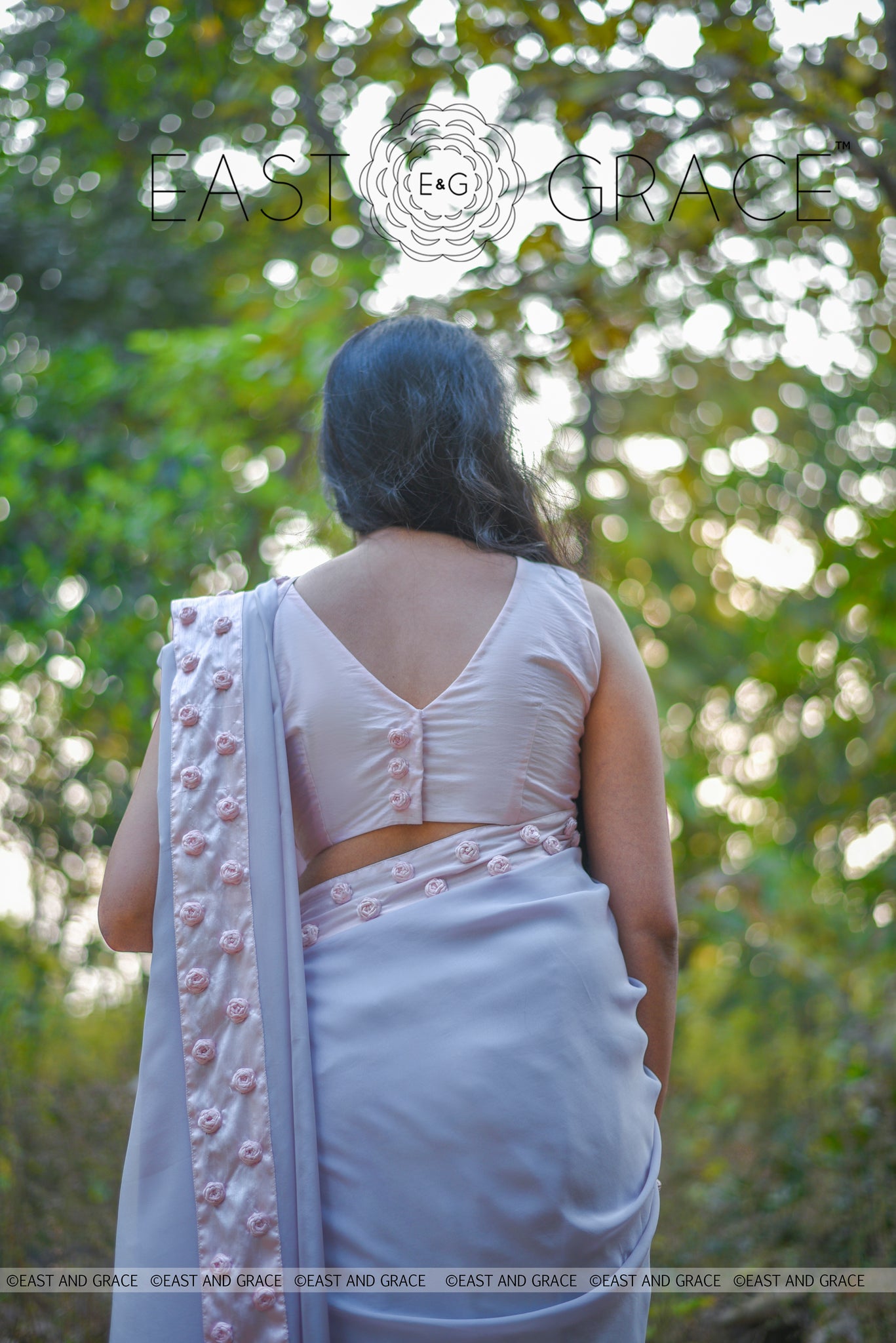 Winterland Grey Silk Chiffon Ribbonwork Roses Saree