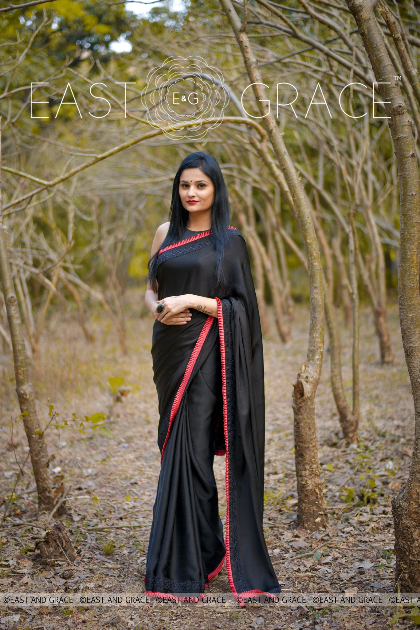 Nightsong Black Satin-Silk Saree with Pleated Border