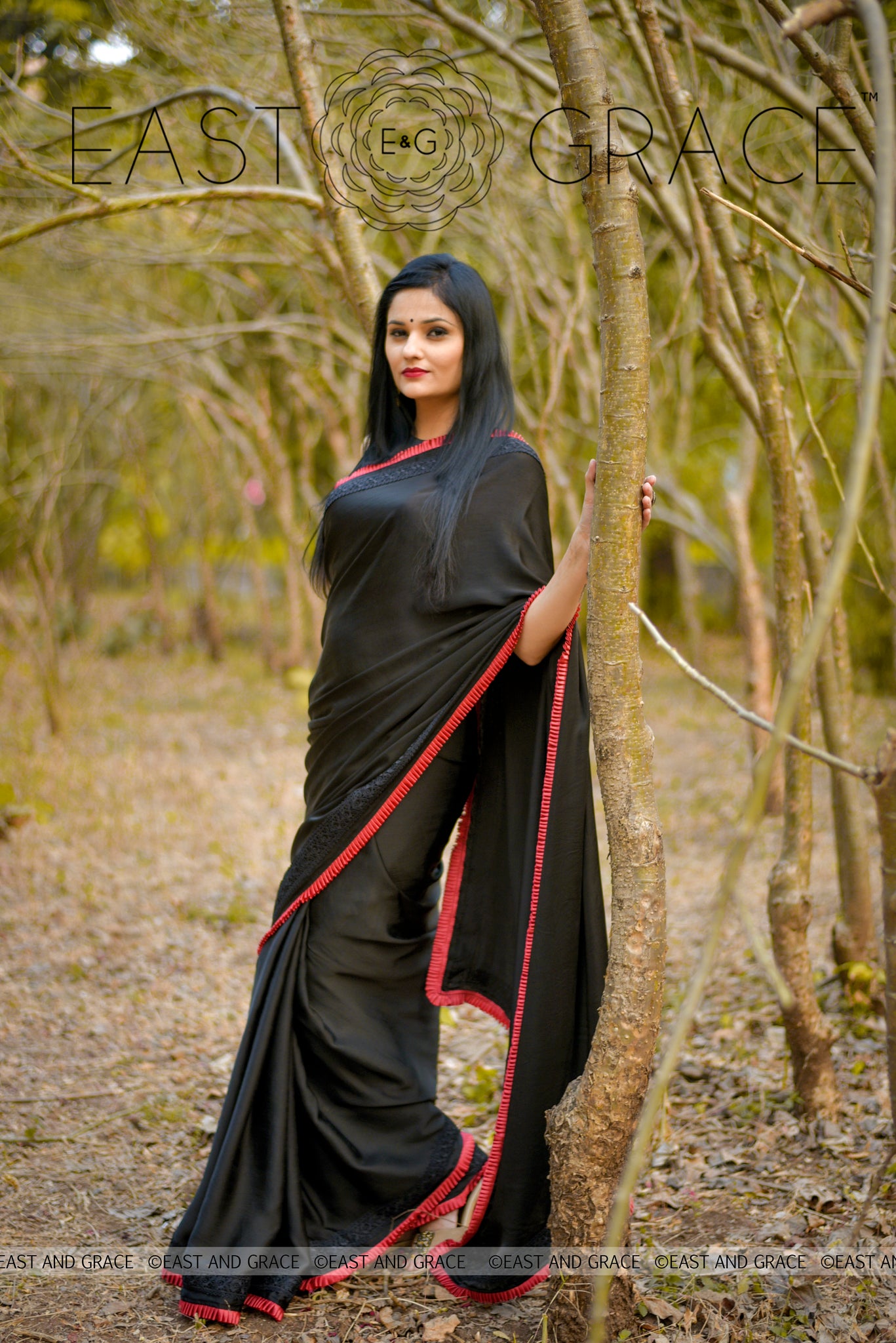 Nightsong Black Satin-Silk Saree with Pleated Border