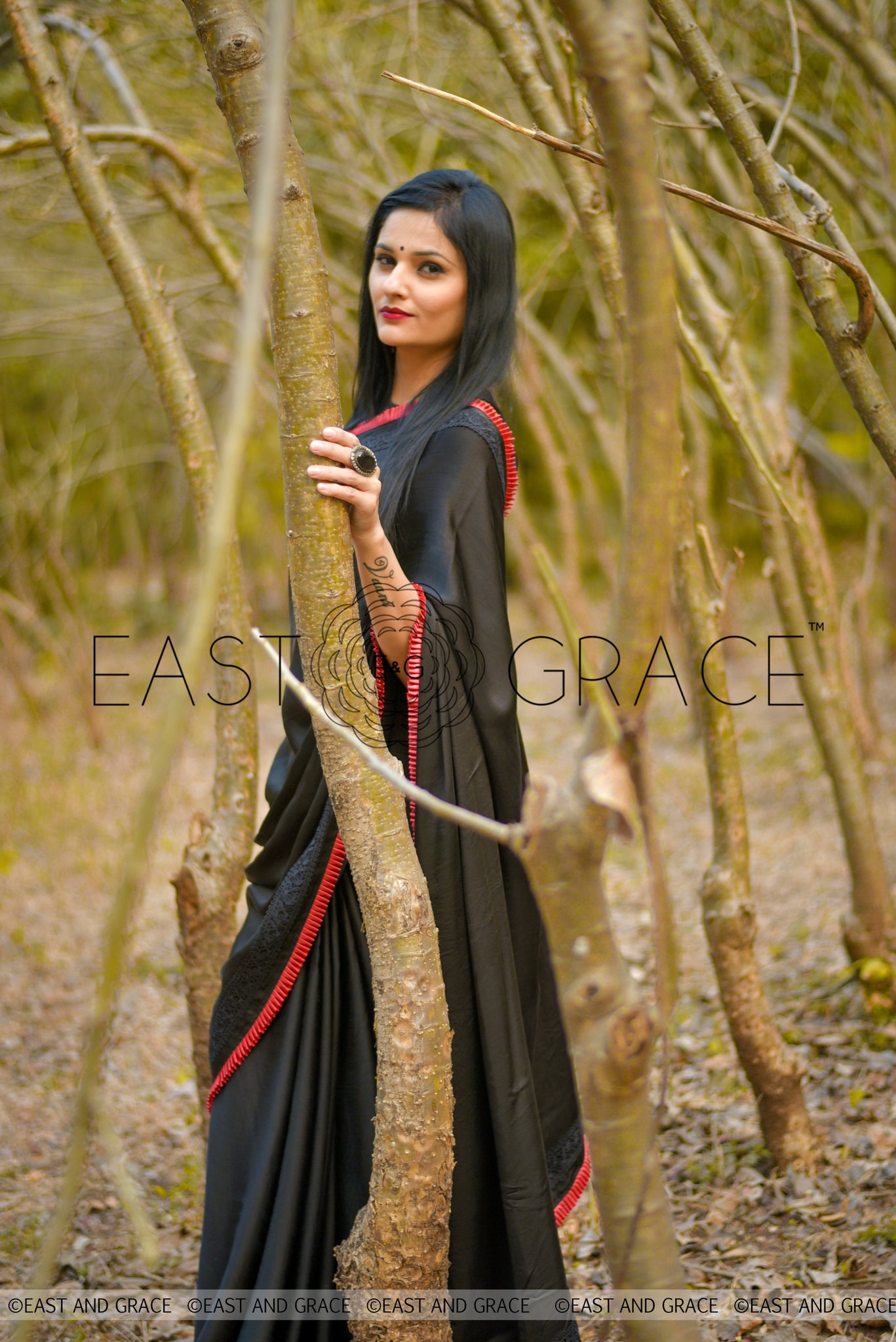 Nightsong Black Satin-Silk Saree with Pleated Border