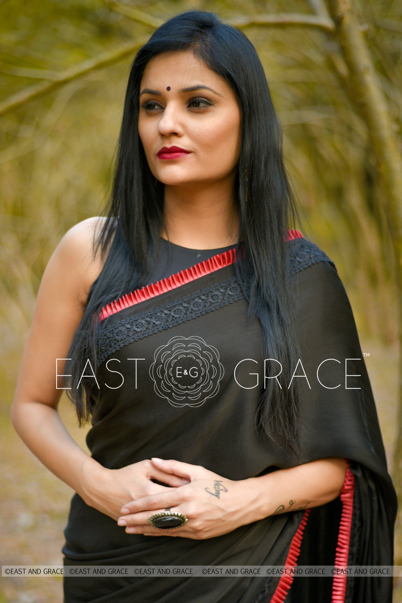 Nightsong Black Satin-Silk Saree with Pleated Border