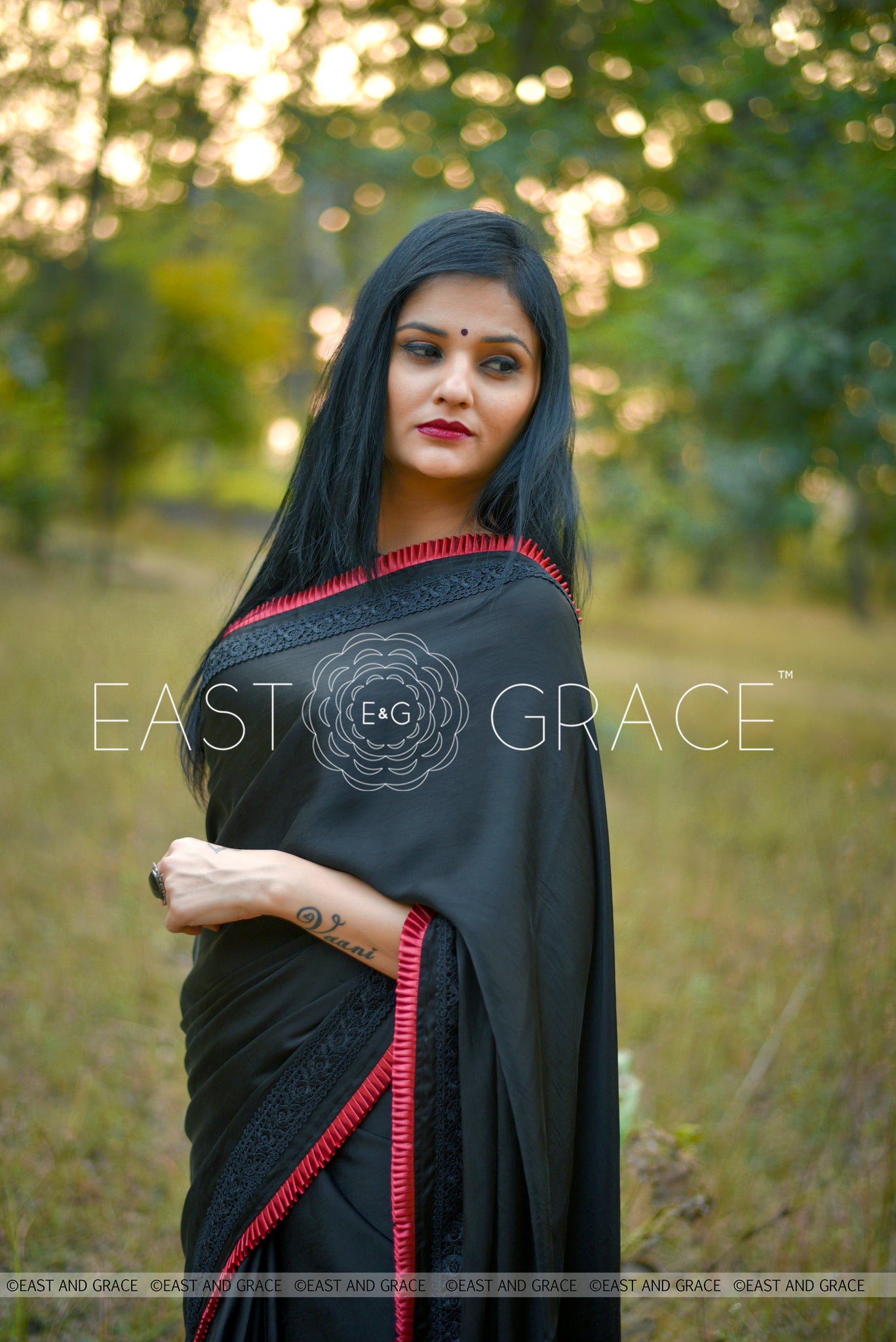 Nightsong Black Satin-Silk Saree with Pleated Border