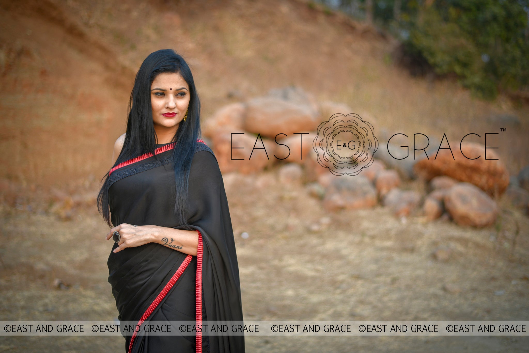 Nightsong Black Satin-Silk Saree with Pleated Border