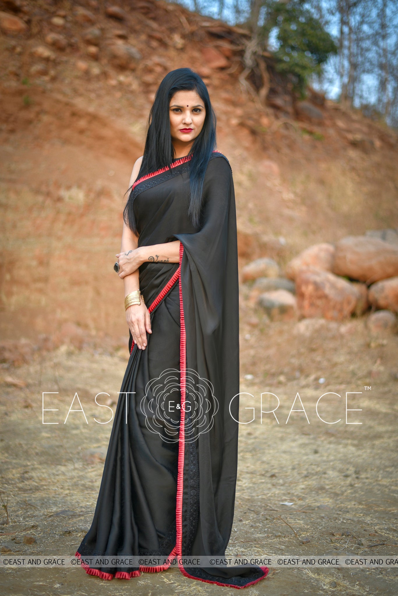 Nightsong Black Satin-Silk Saree with Pleated Border