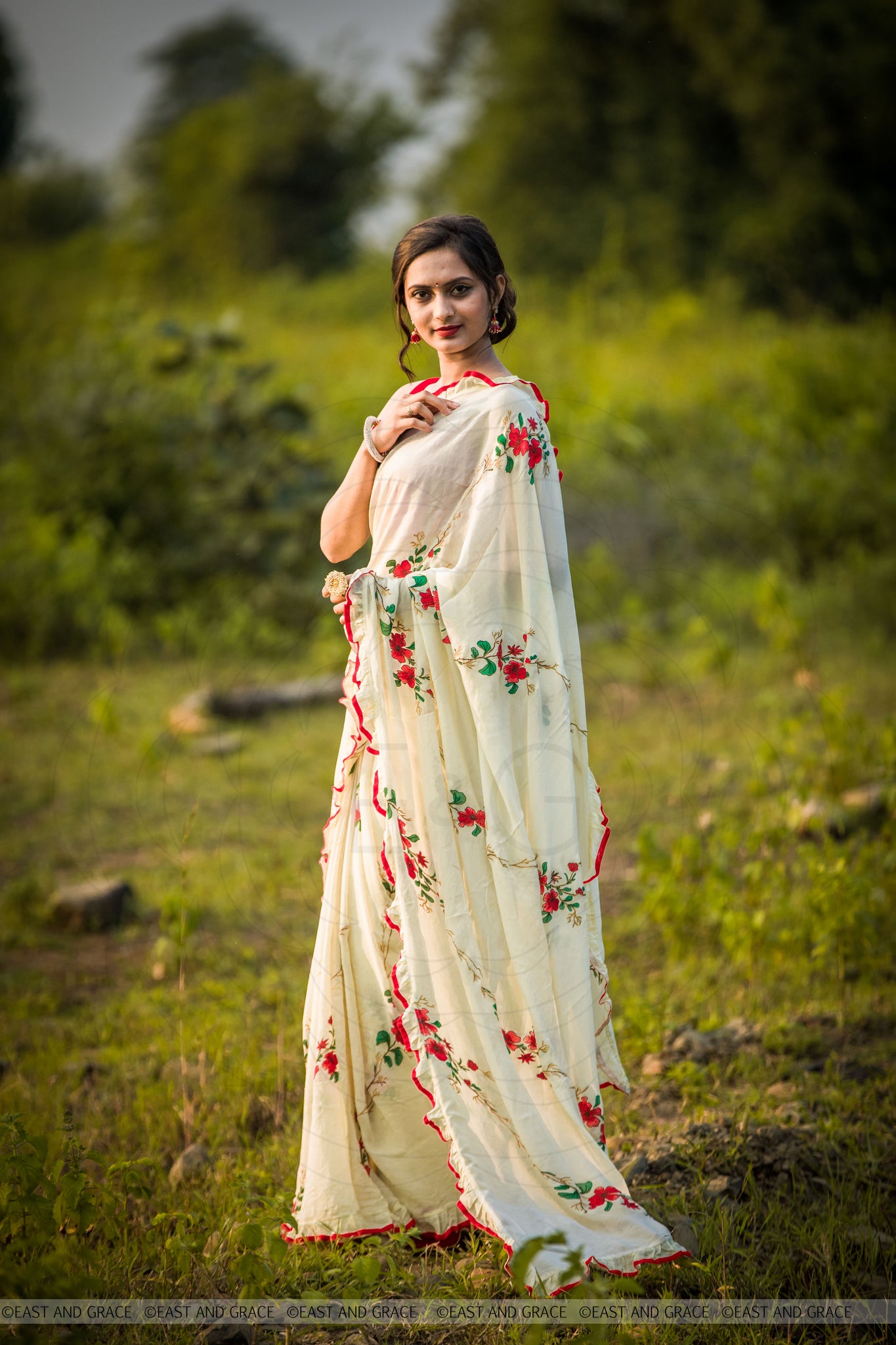 Rosa Pure Flat Silk-Chiffon Hand Embroidered and Printed Saree