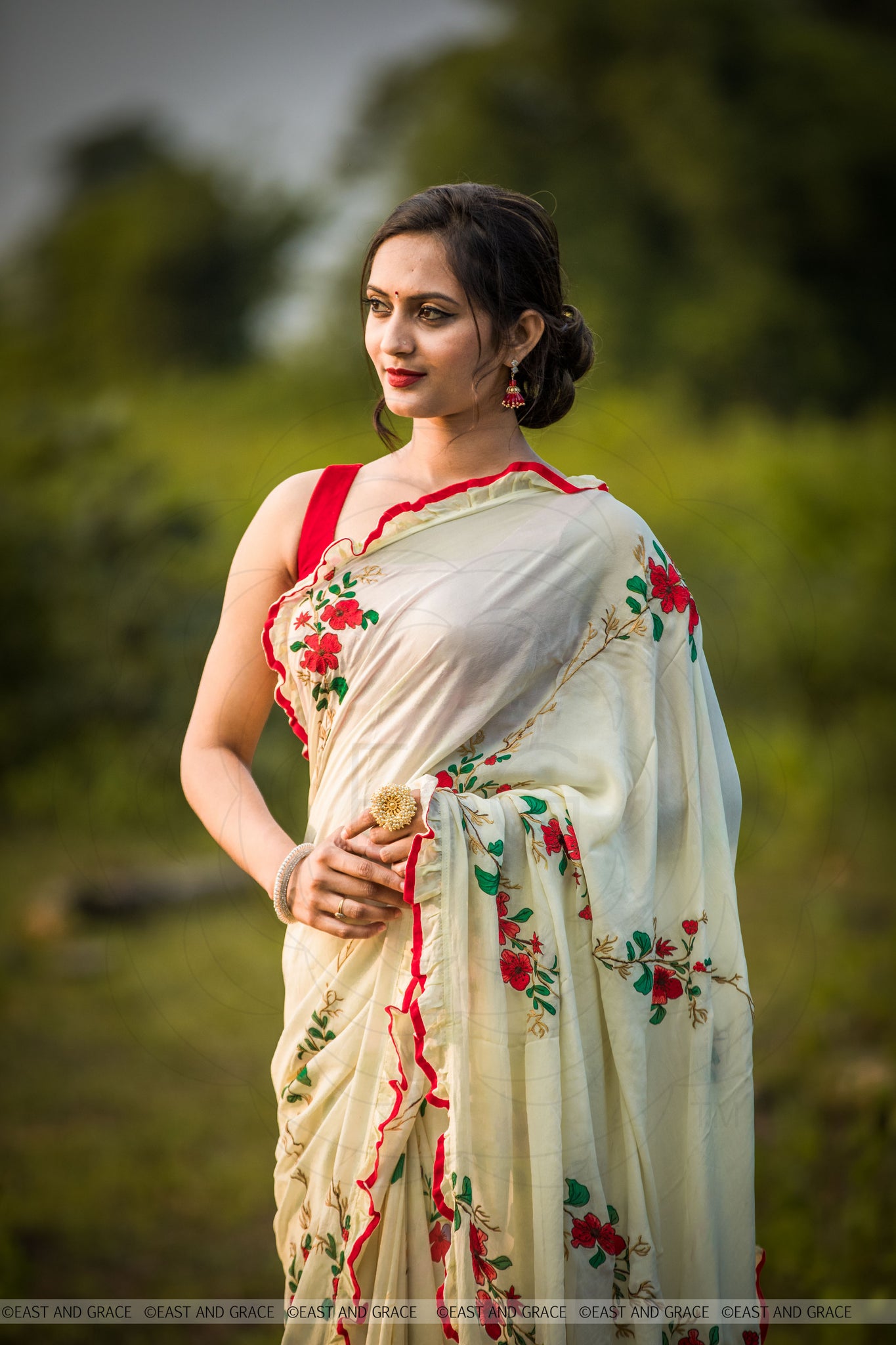 Rosa Pure Flat Silk-Chiffon Hand Embroidered and Printed Saree