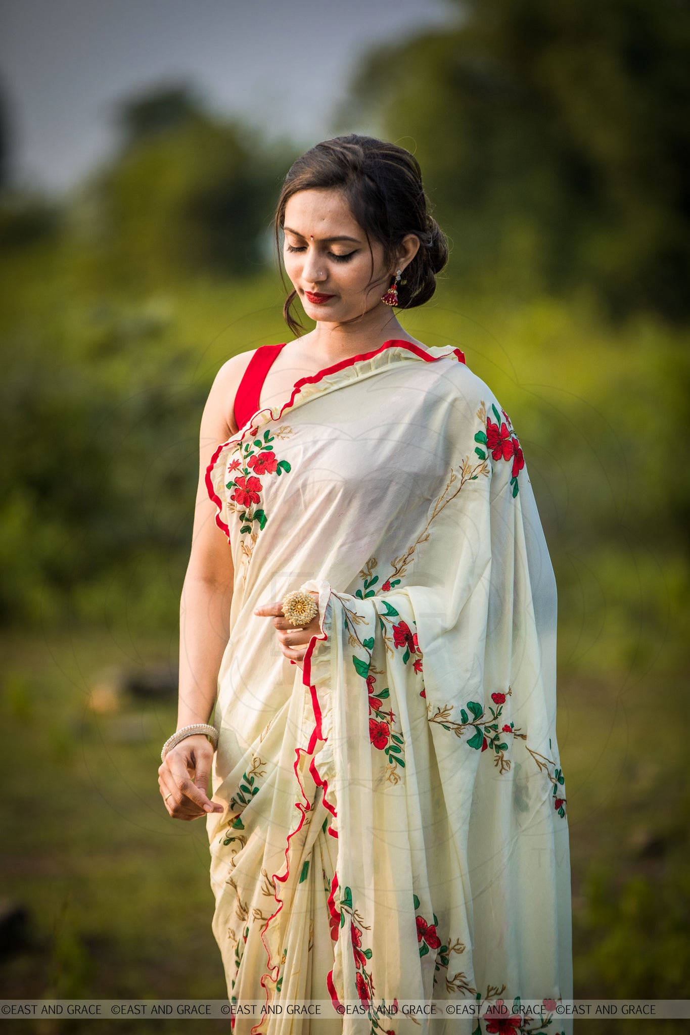 Rosa Pure Flat Silk-Chiffon Hand Embroidered and Printed Saree