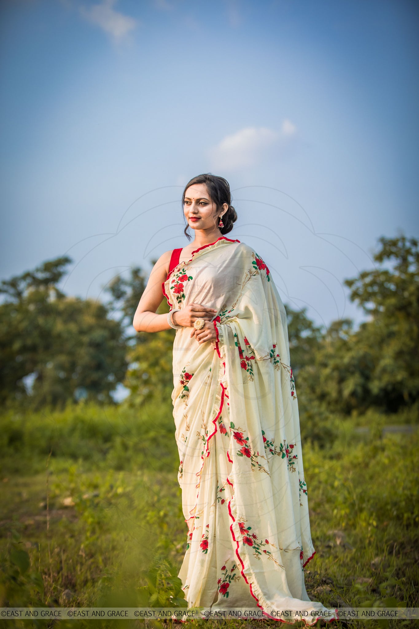 Rosa Pure Flat Silk-Chiffon Hand Embroidered and Printed Saree