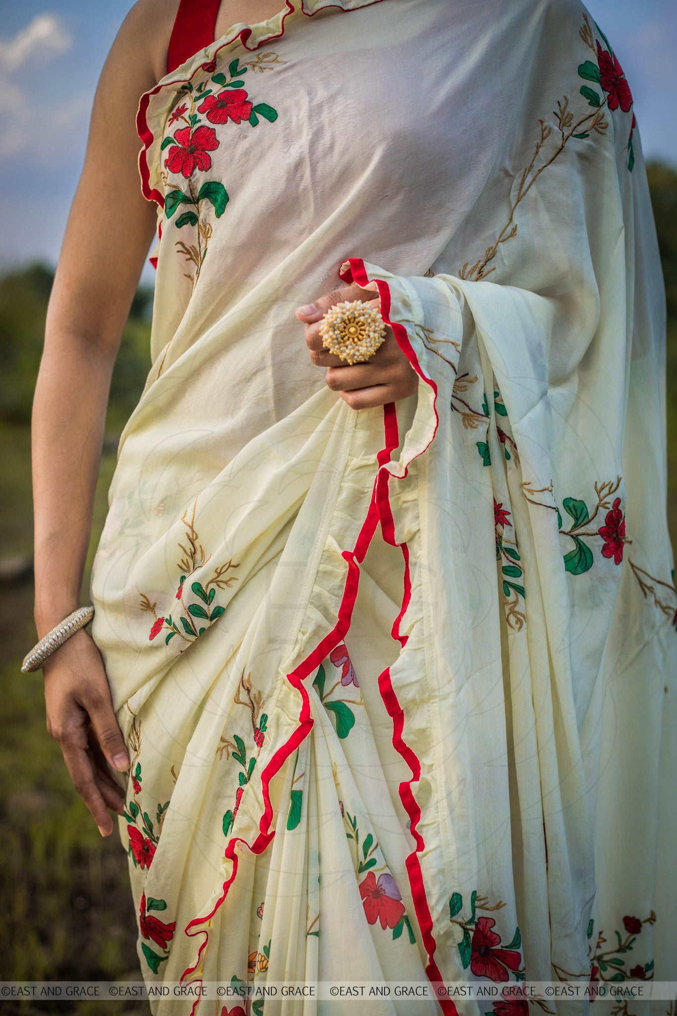 Rosa Pure Flat Silk-Chiffon Hand Embroidered and Printed Saree