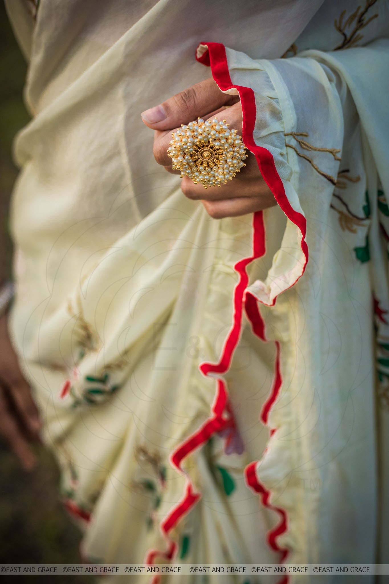 Rosa Pure Flat Silk-Chiffon Hand Embroidered and Printed Saree