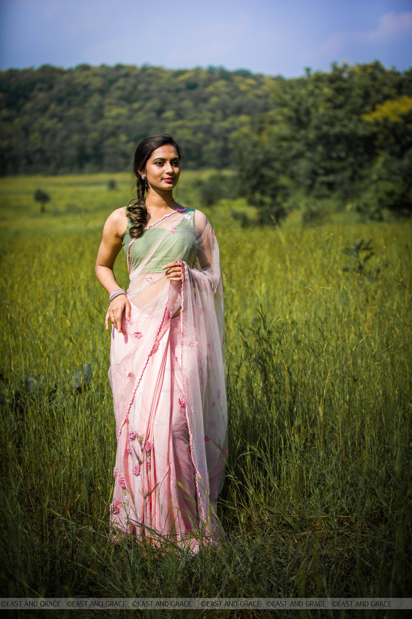 Angela Floss Pink Pure Silk-Crepe & Net Hand-Embroidered Ribbon Work Saree