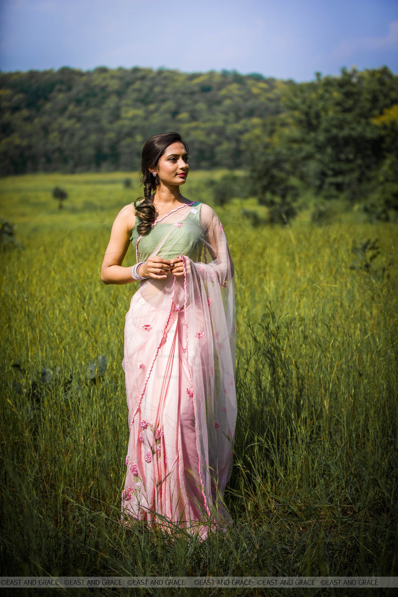 Angela Floss Pink Pure Silk-Crepe & Net Hand-Embroidered Ribbon Work Saree