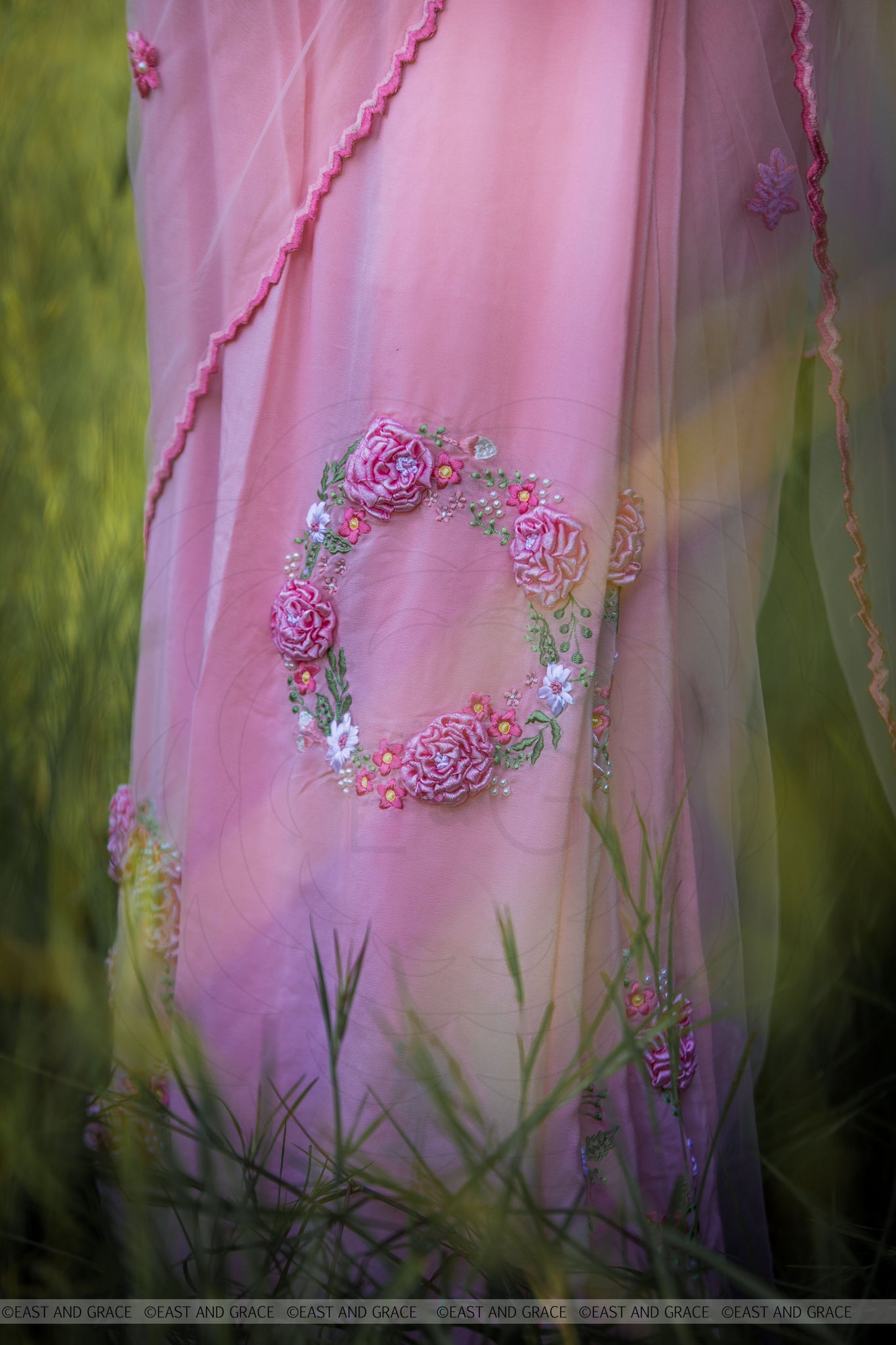 Angela Floss Pink Pure Silk-Crepe & Net Hand-Embroidered Ribbon Work Saree