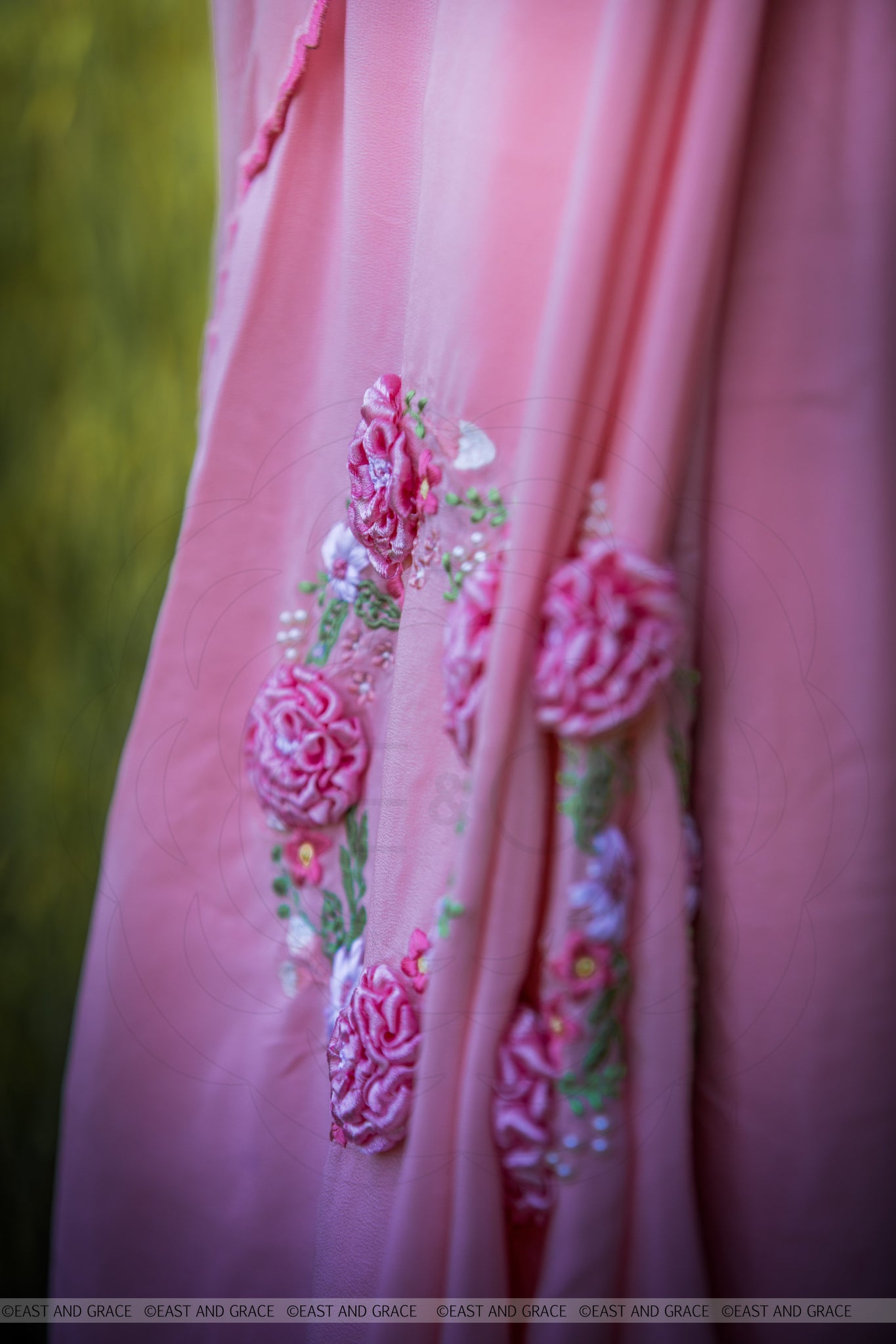 Angela Floss Pink Pure Silk-Crepe & Net Hand-Embroidered Ribbon Work Saree