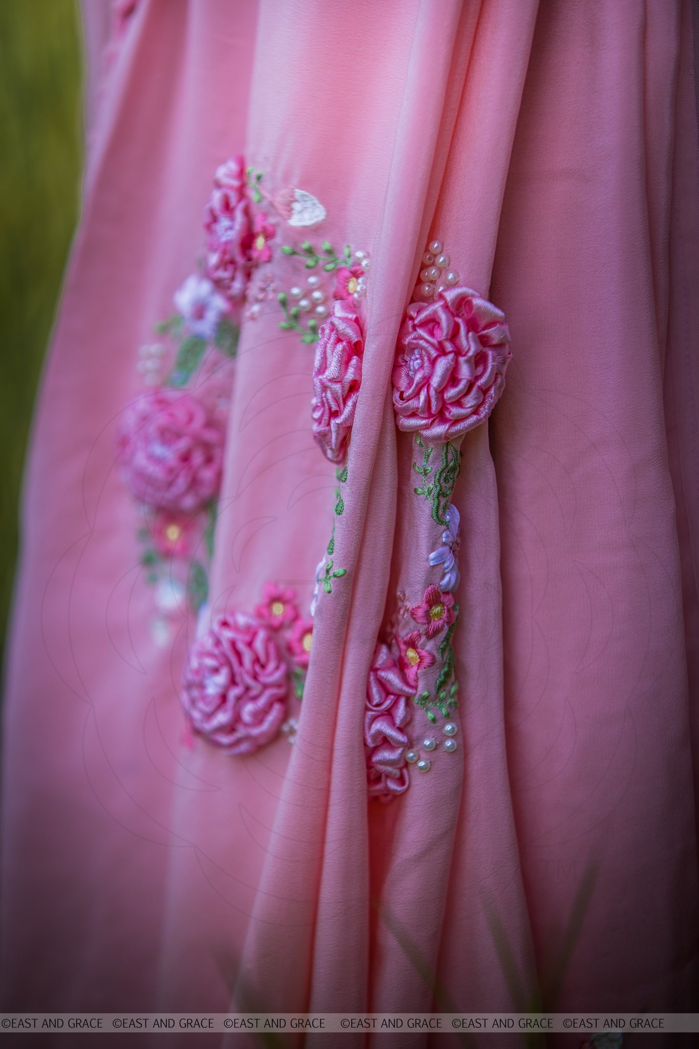 Angela Floss Pink Pure Silk-Crepe & Net Hand-Embroidered Ribbon Work Saree