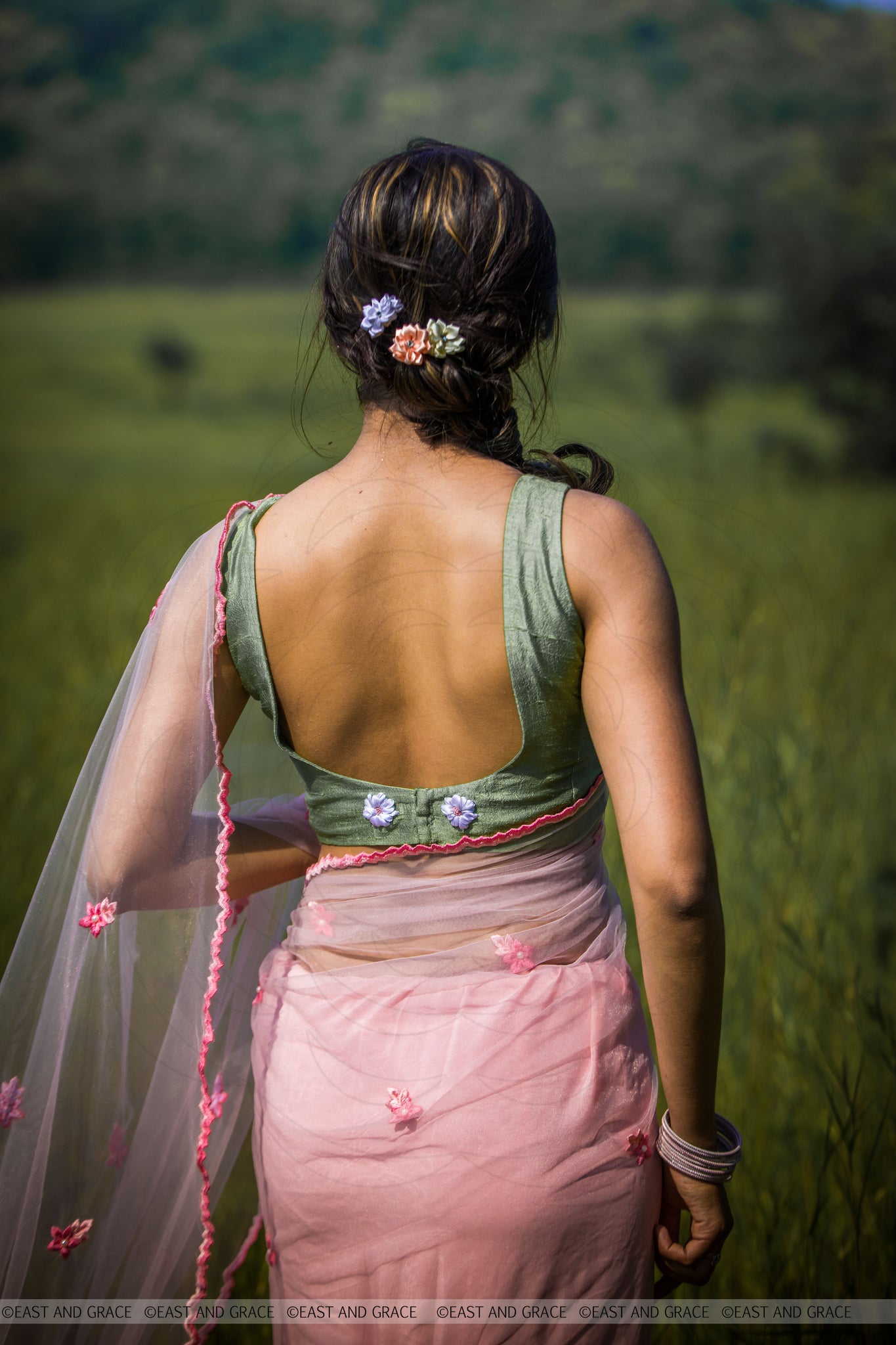 Angela Floss Pink Pure Silk-Crepe & Net Hand-Embroidered Ribbon Work Saree