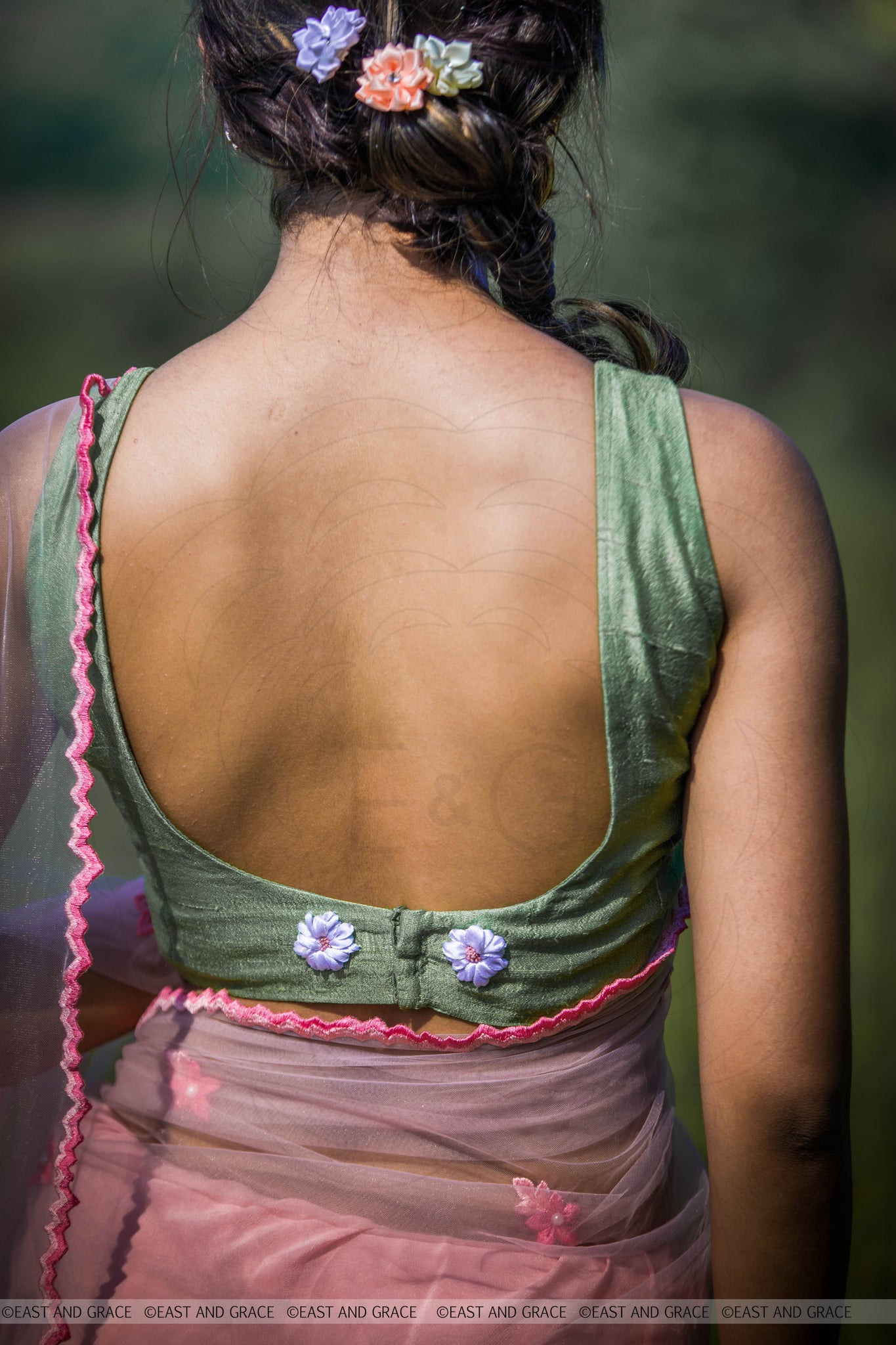 Angela Floss Pink Pure Silk-Crepe & Net Hand-Embroidered Ribbon Work Saree