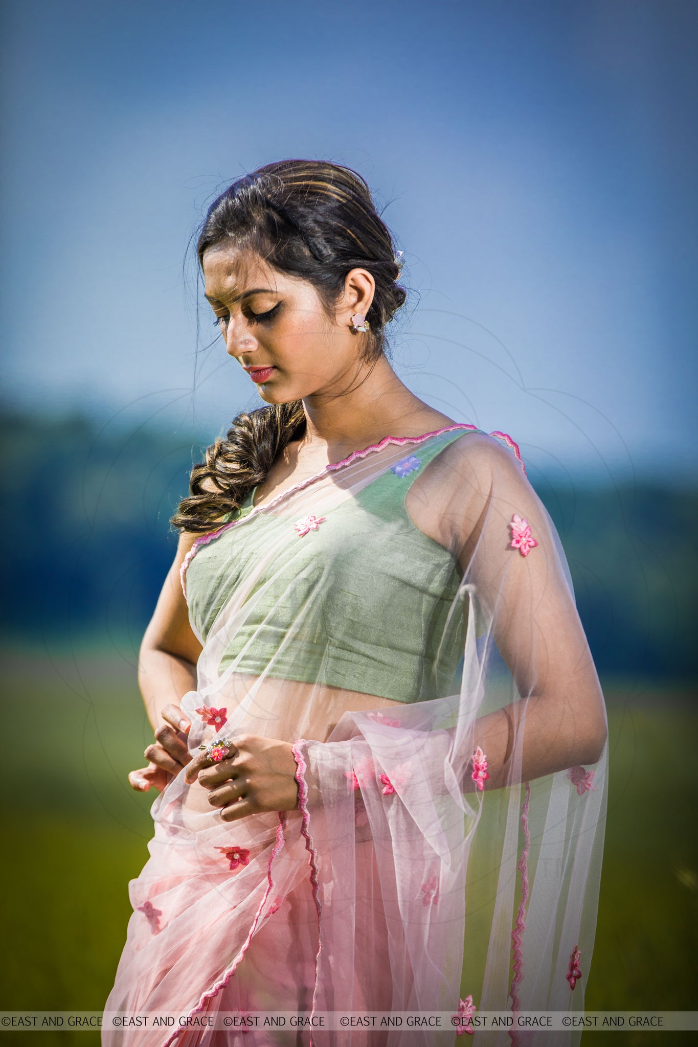 Angela Floss Pink Pure Silk-Crepe & Net Hand-Embroidered Ribbon Work Saree