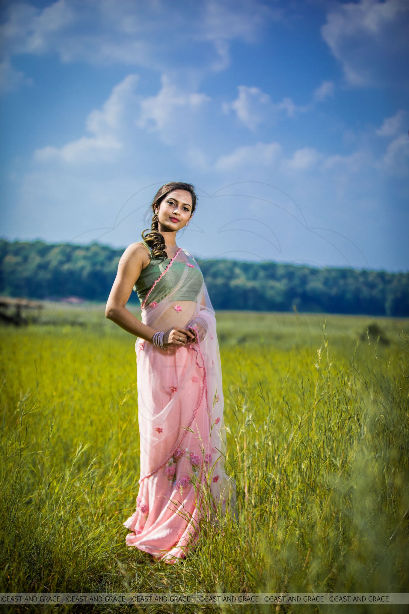 Angela Floss Pink Pure Silk-Crepe & Net Hand-Embroidered Ribbon Work Saree