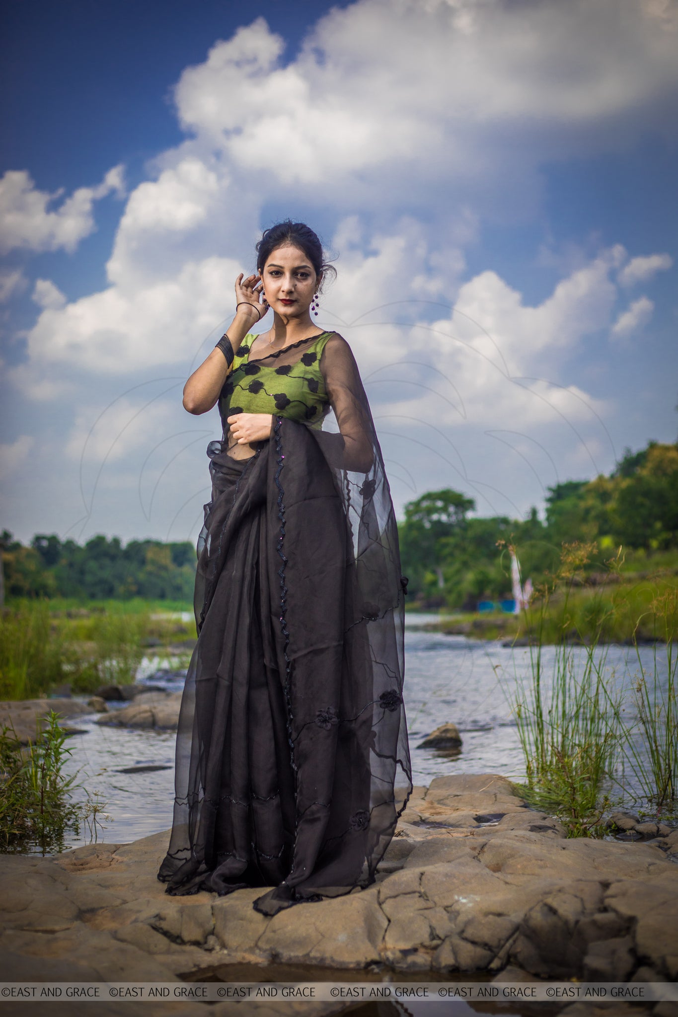 Black Cassia Pure Silk-Organza Hand Embroidered Saree