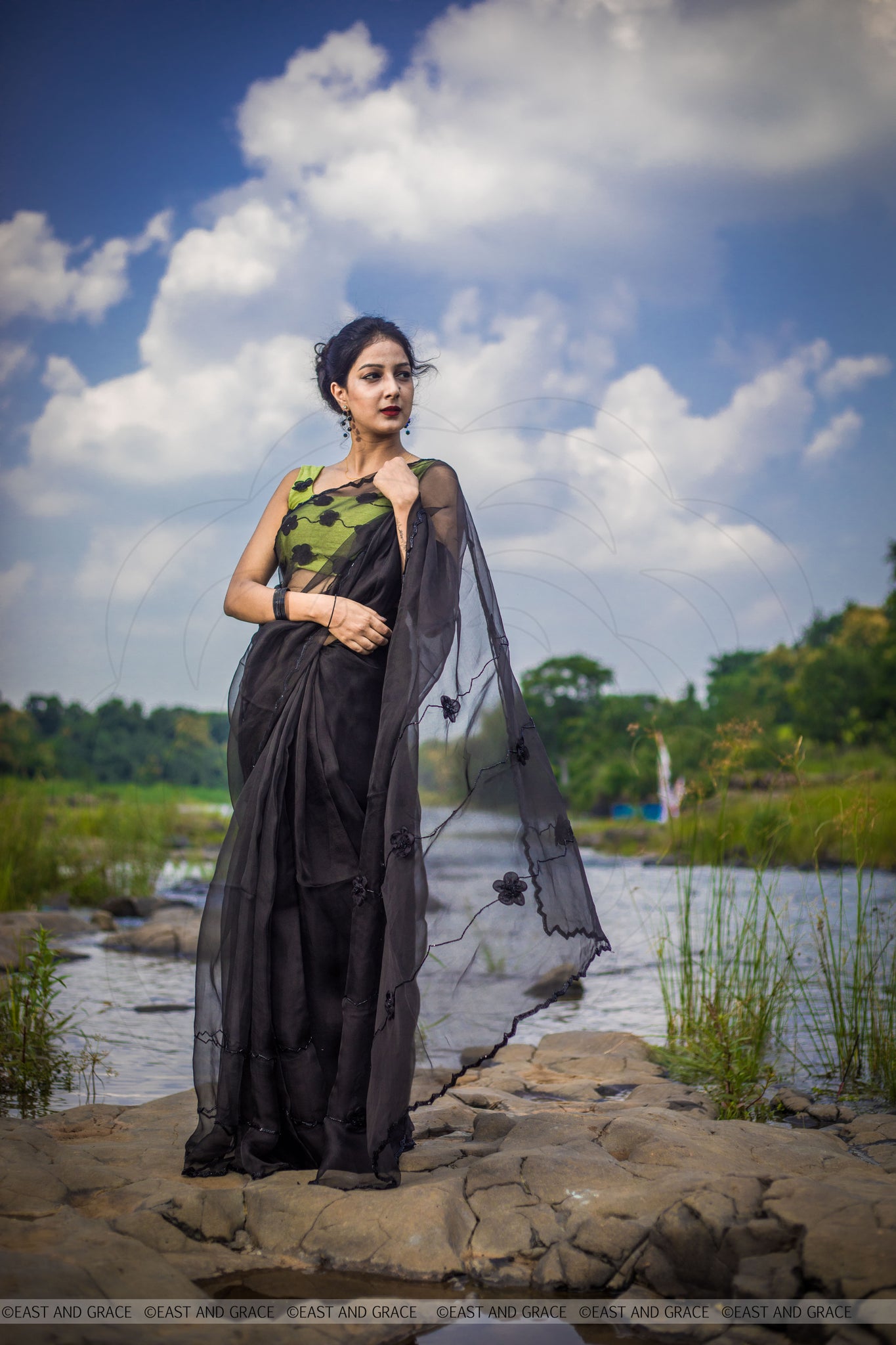 Black Cassia Pure Silk-Organza Hand Embroidered Saree