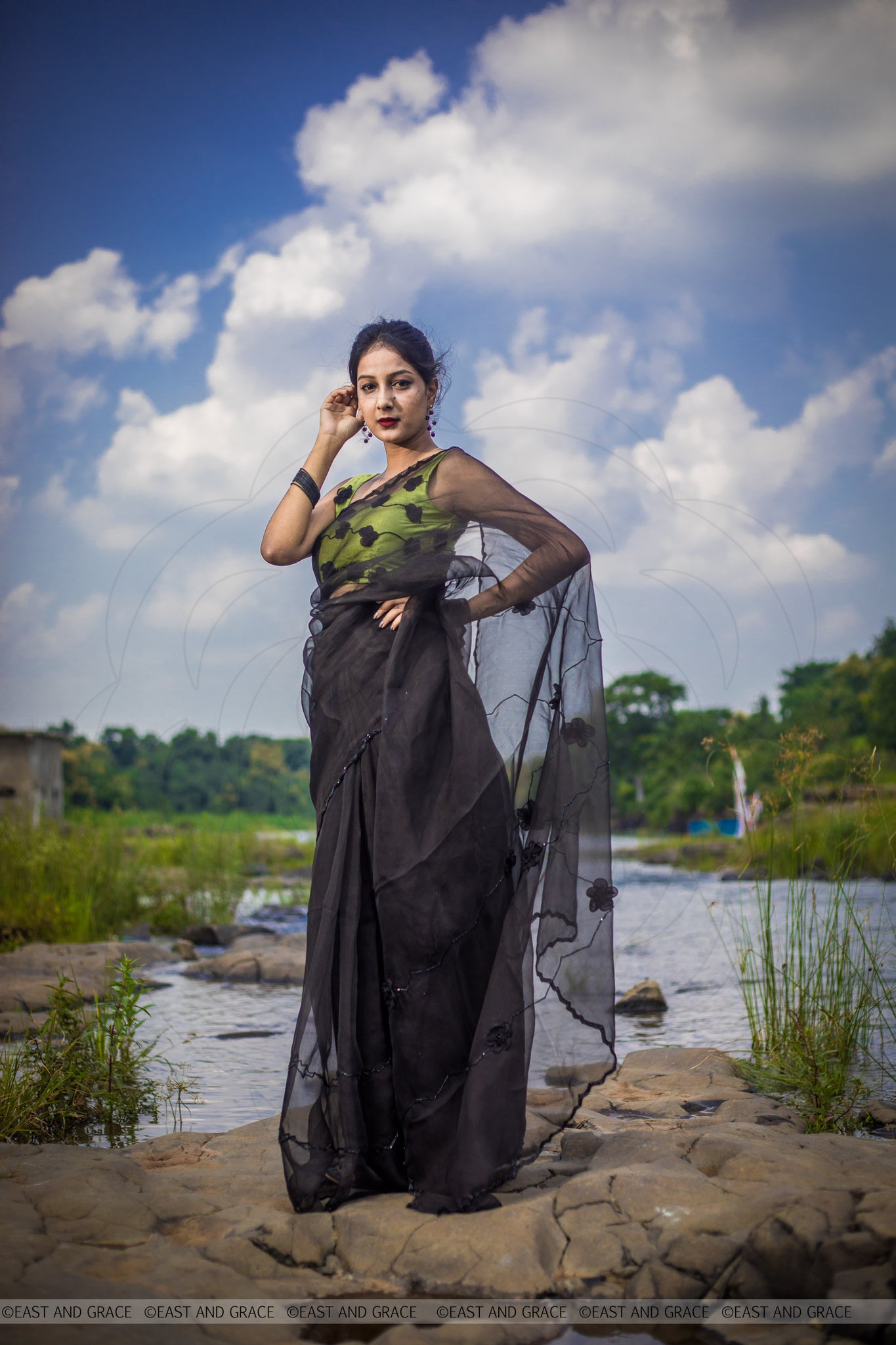 Black Cassia Pure Silk-Organza Hand Embroidered Saree