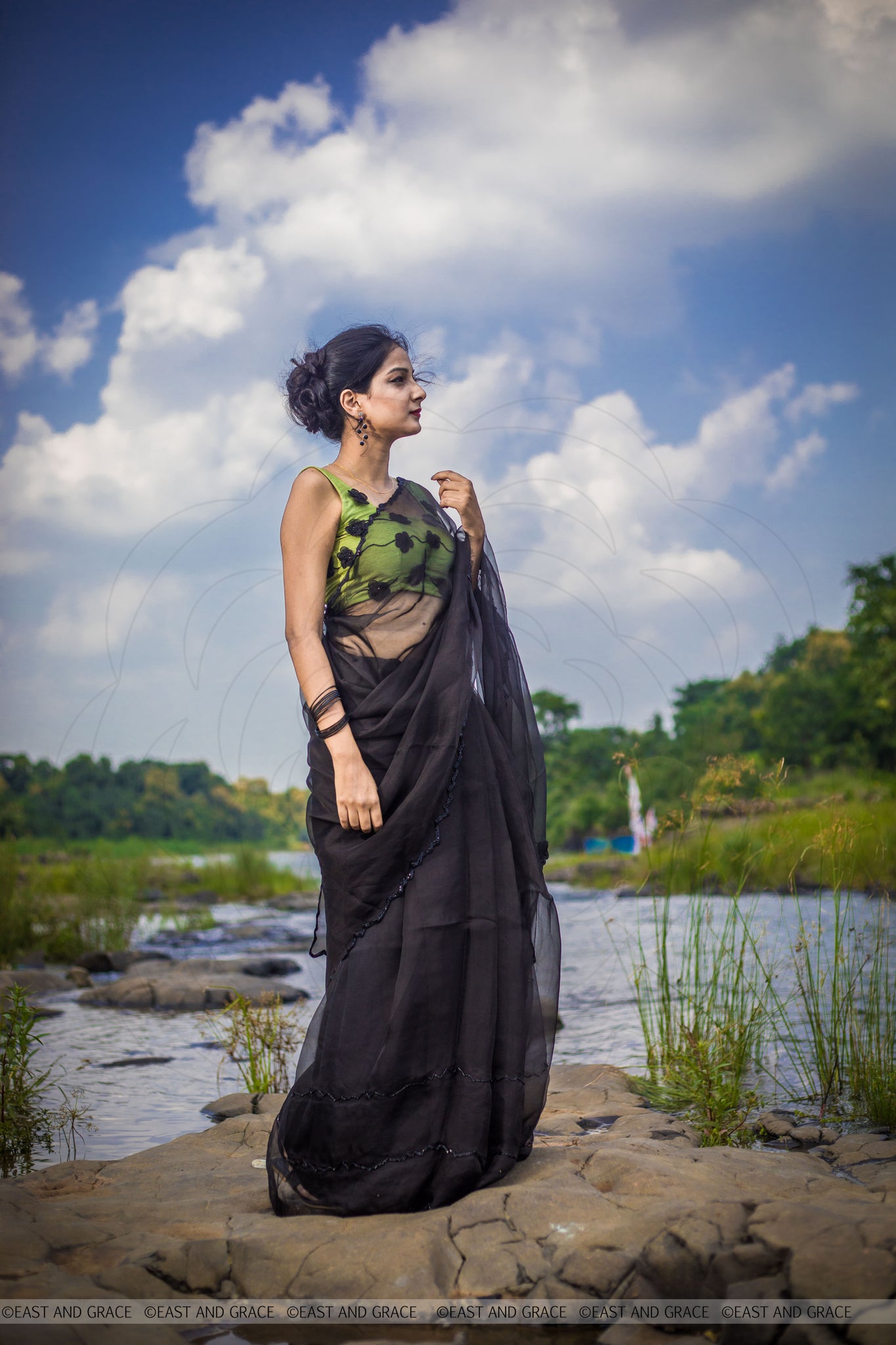 Black Cassia Pure Silk-Organza Hand Embroidered Saree