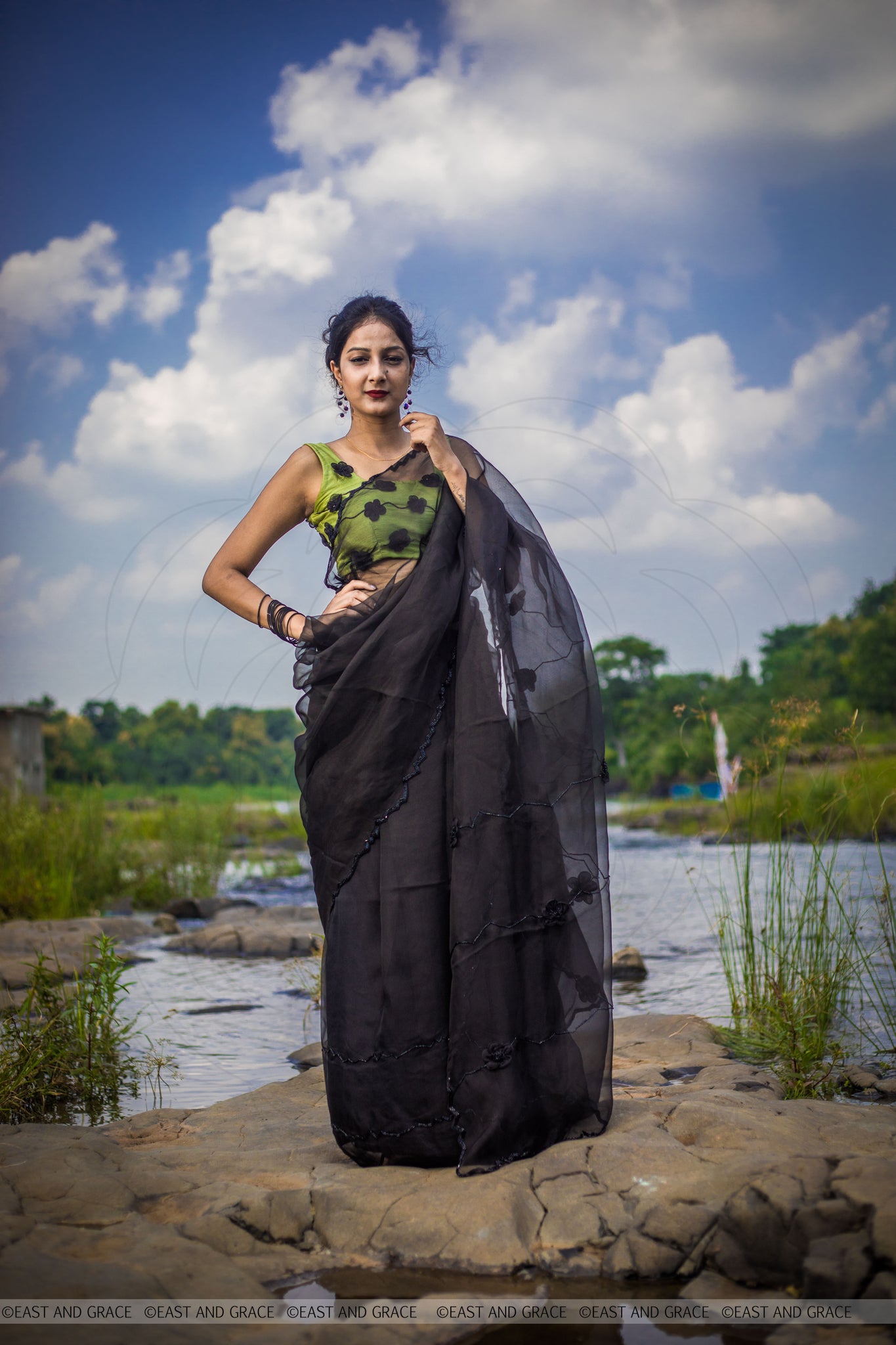 Black Cassia Pure Silk-Organza Hand Embroidered Saree