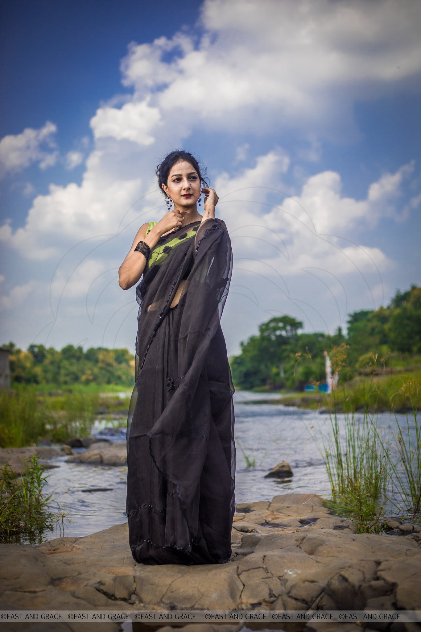 Black Cassia Pure Silk-Organza Hand Embroidered Saree