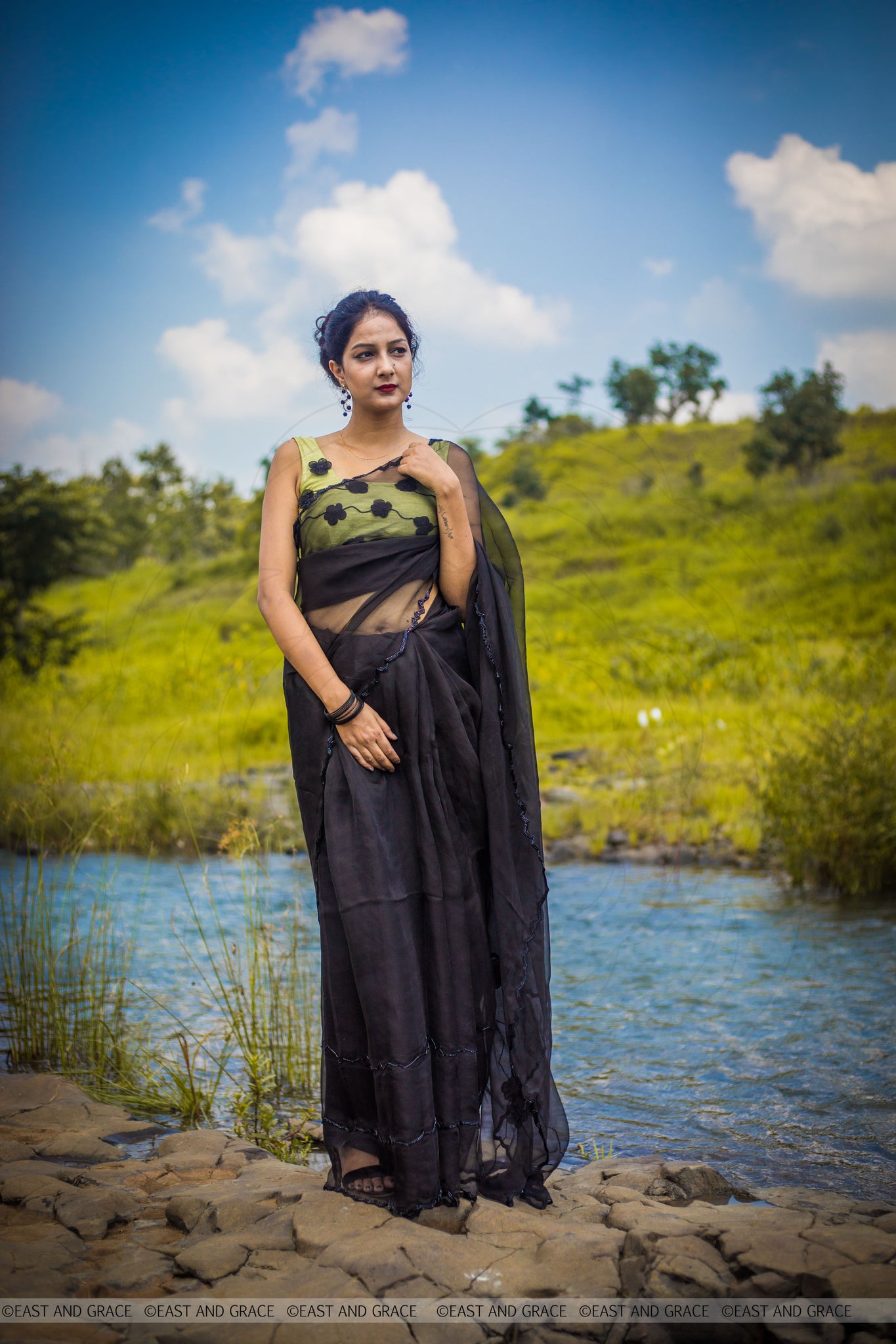 Black Cassia Pure Silk-Organza Hand Embroidered Saree