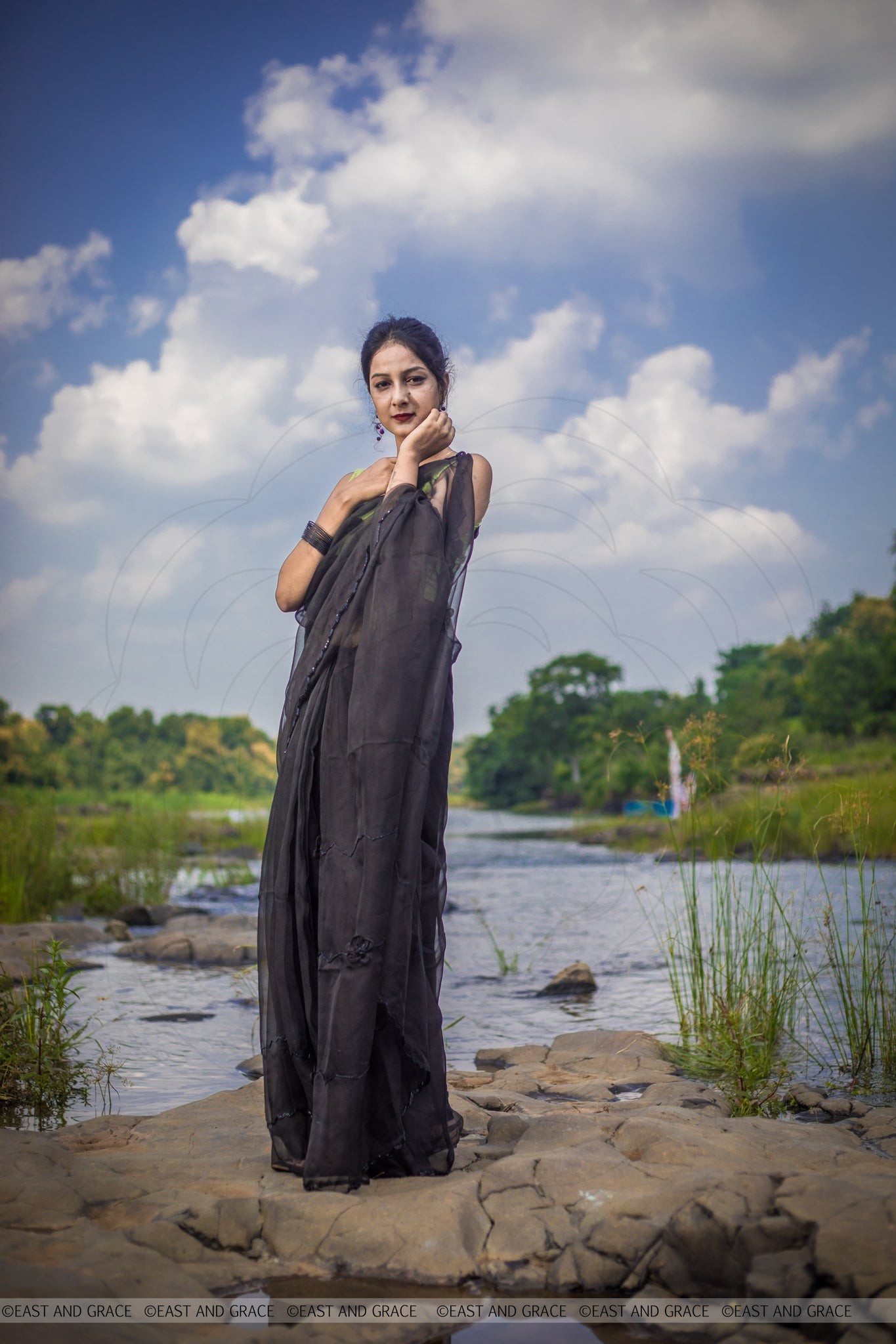 Black Cassia Pure Silk-Organza Hand Embroidered Saree