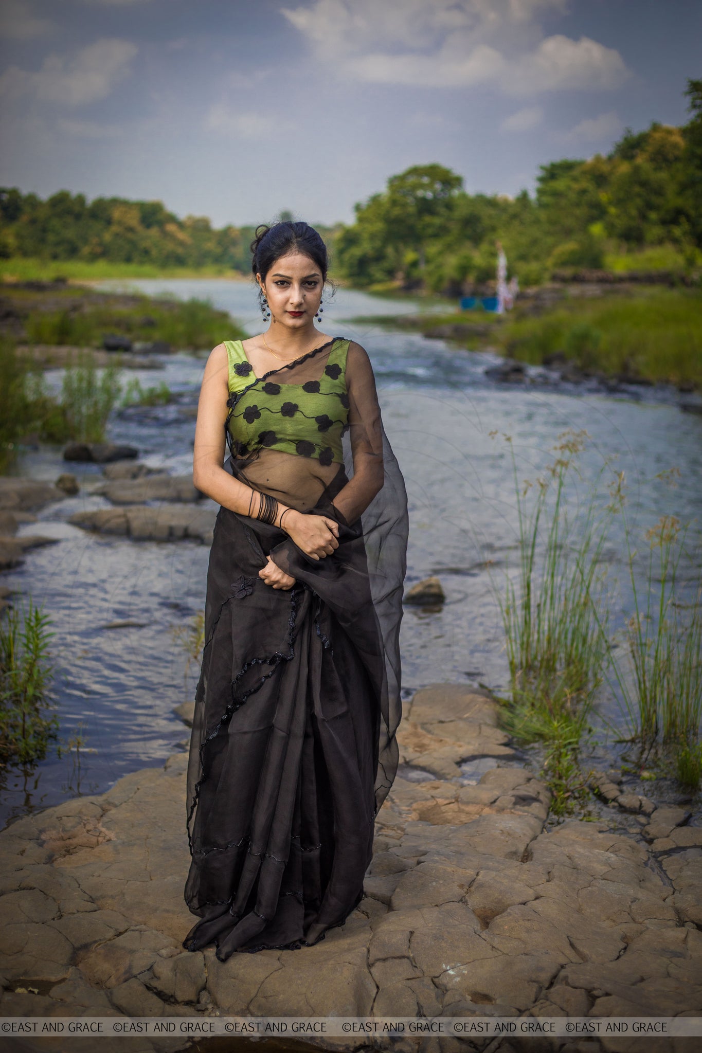 Black Cassia Pure Silk-Organza Hand Embroidered Saree